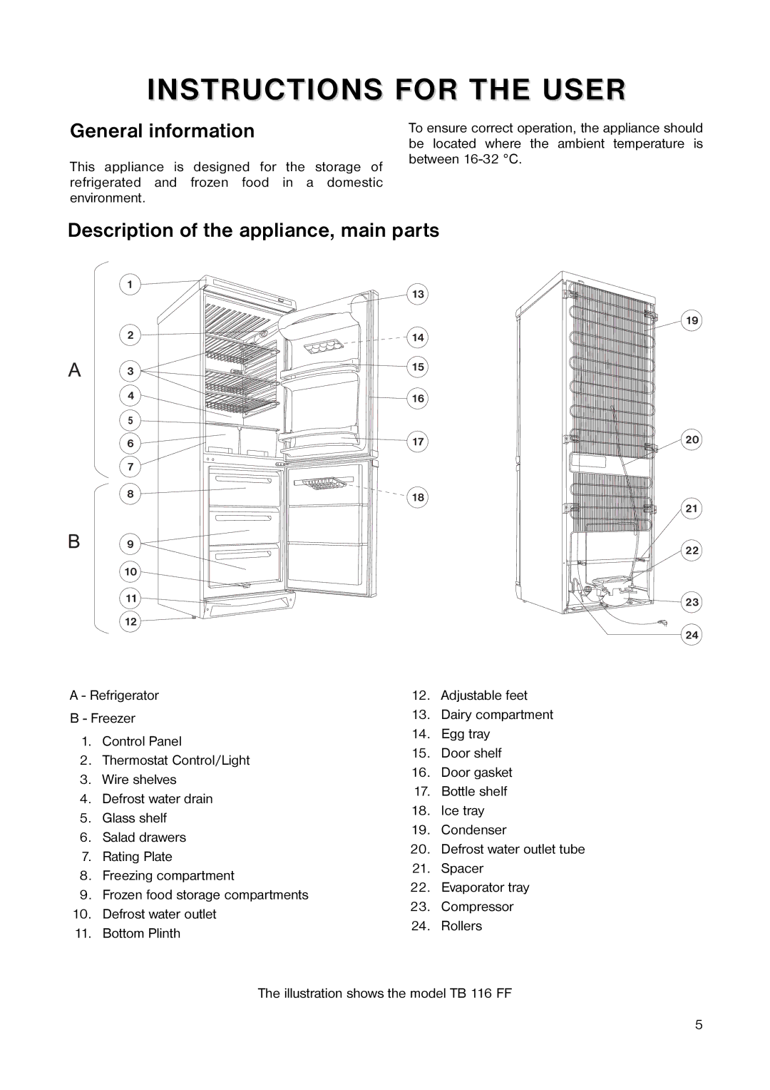 Tricity Bendix TB 116 FF, TB 090 FF installation instructions General information, Description of the appliance, main parts 