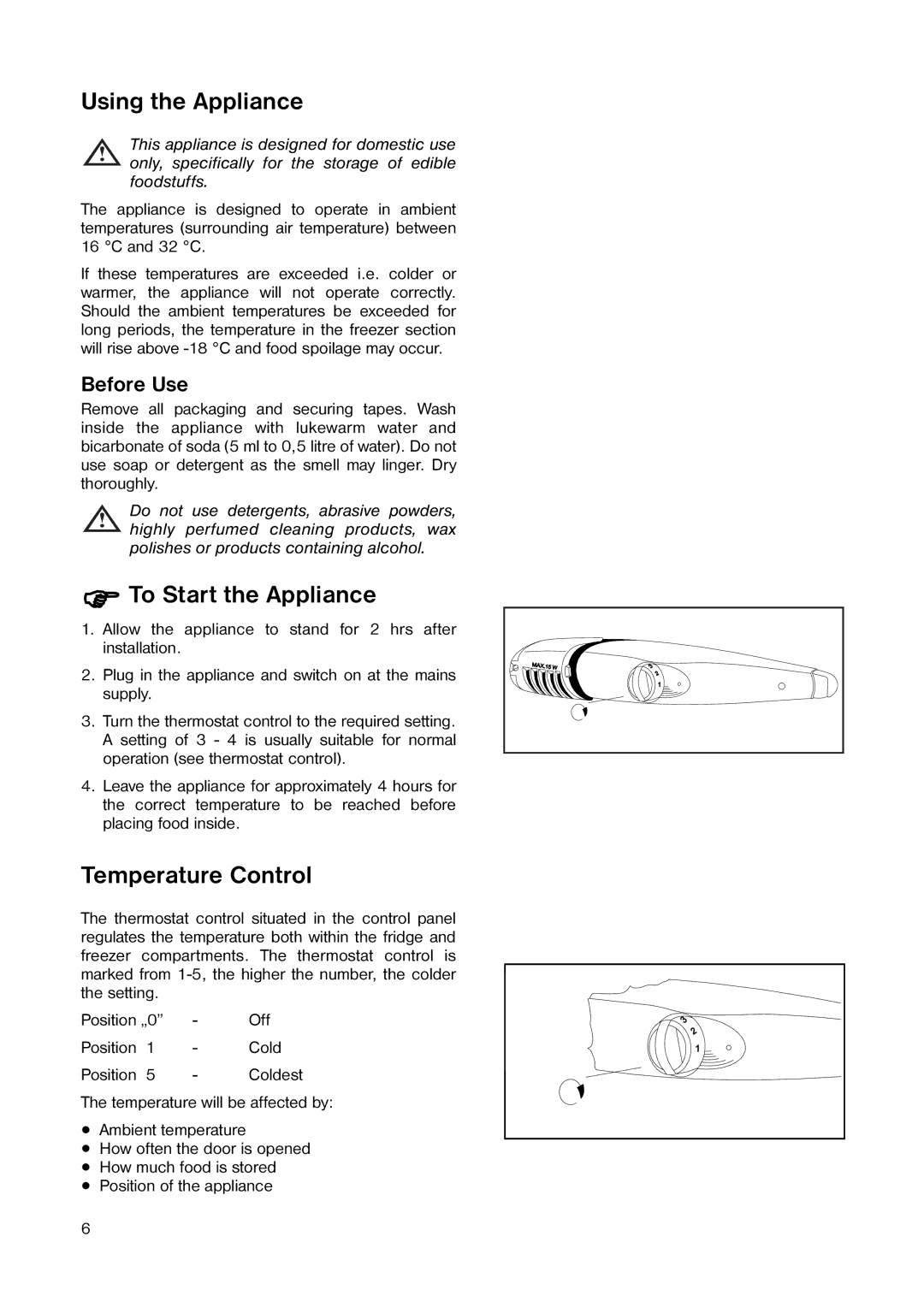 Tricity Bendix TB 090 FF, TB 116 FF Using the Appliance, To Start the Appliance, Temperature Control 