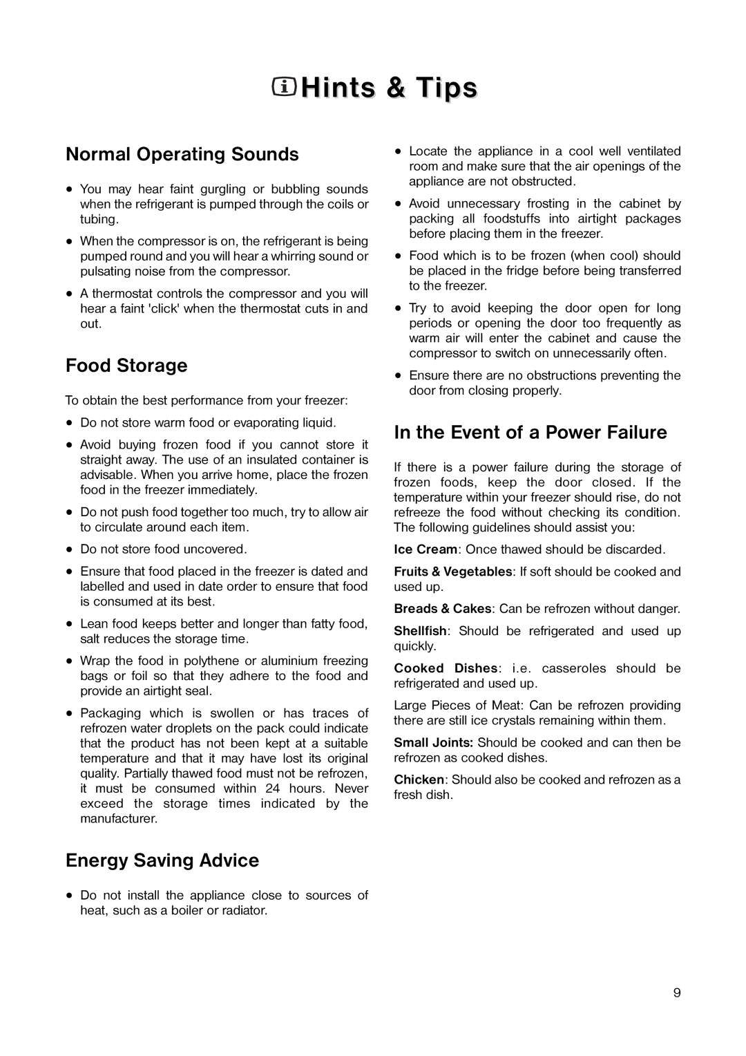 Tricity Bendix TB 116 FF, TB 090 FF Hints & Tips, Normal Operating Sounds, Food Storage, Energy Saving Advice 