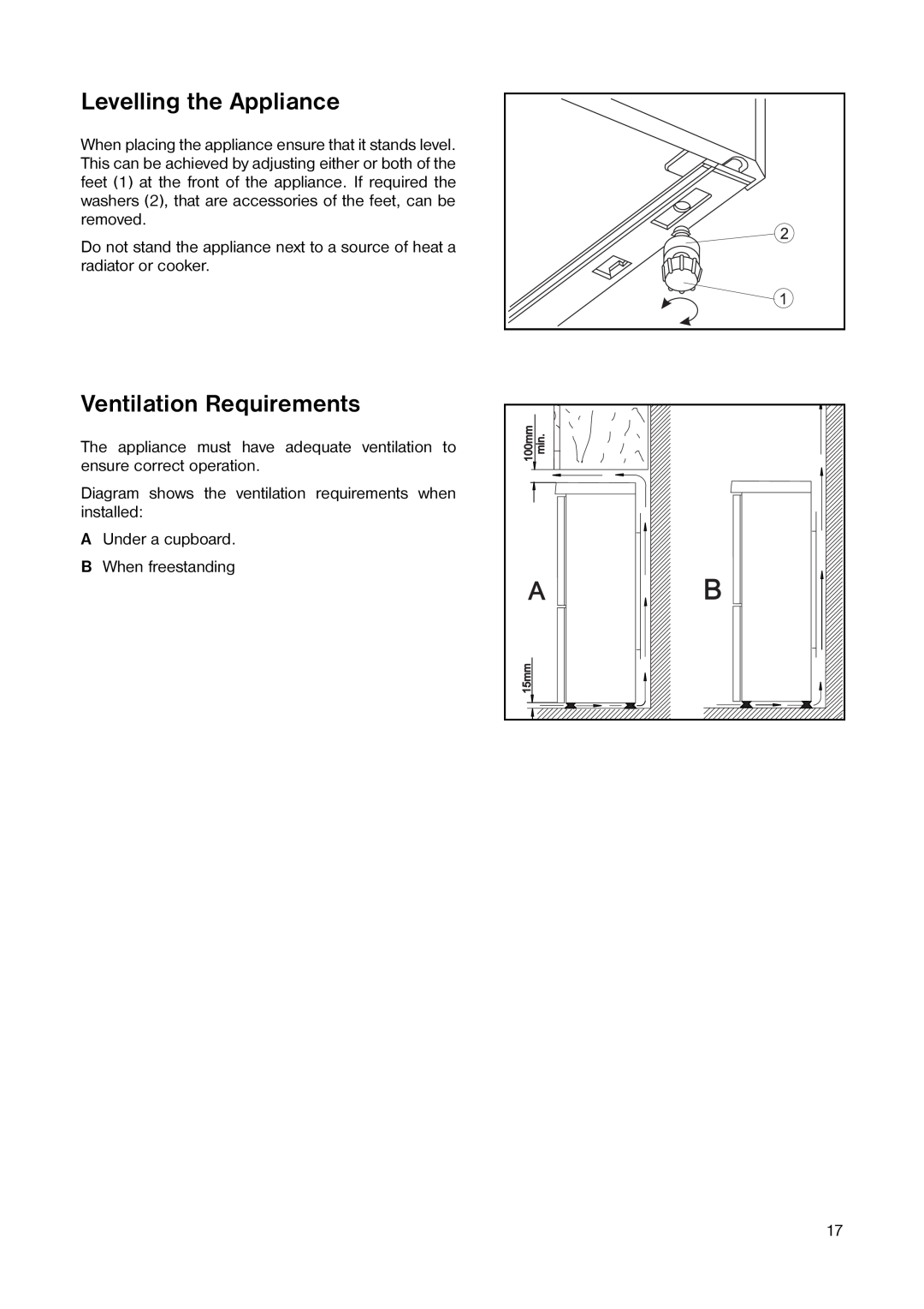 Tricity Bendix TB 116 FF, TB 090 FF installation instructions Levelling the Appliance, Ventilation Requirements 