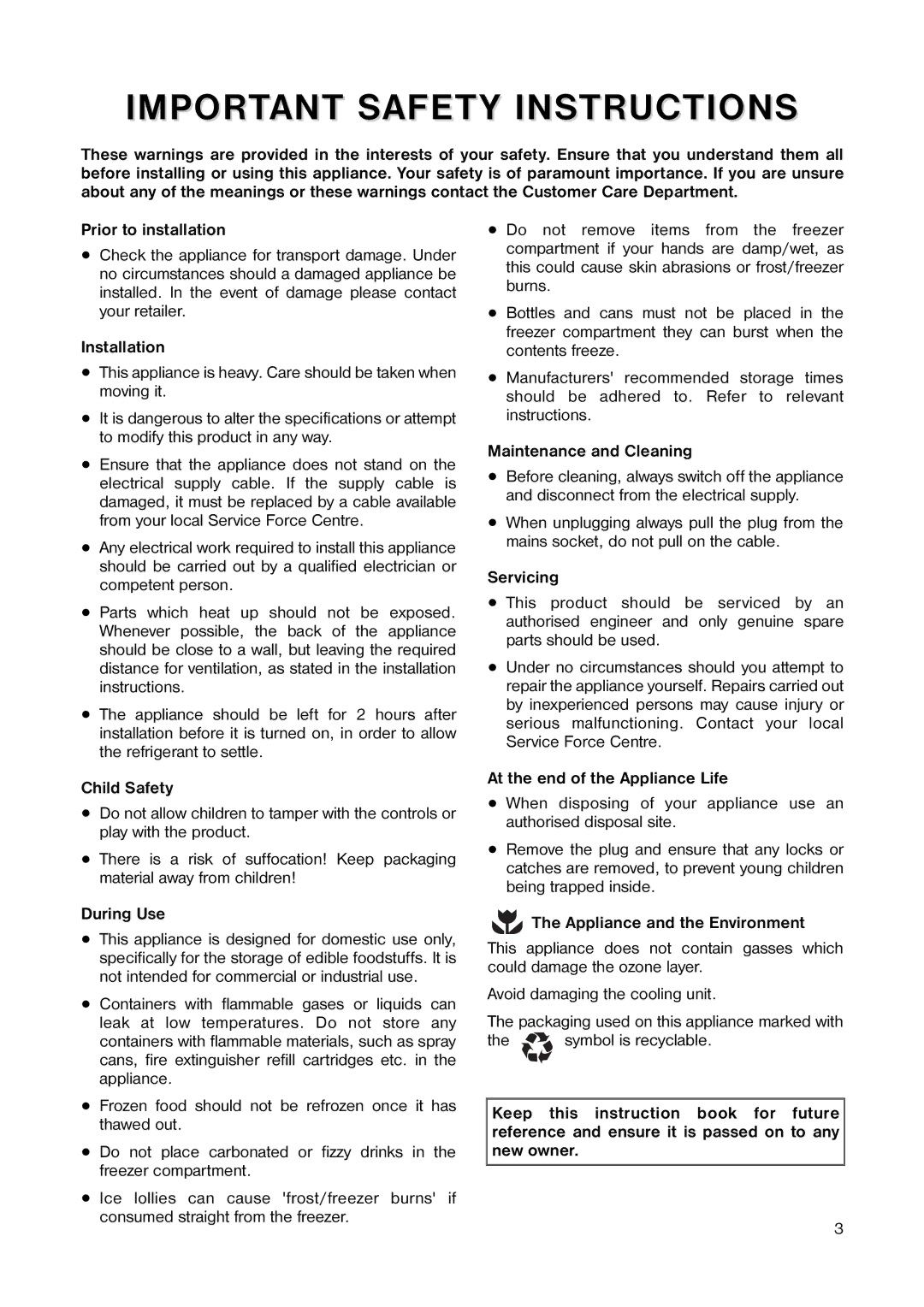 Tricity Bendix TB 100 FF installation instructions Important Safety Instructions 