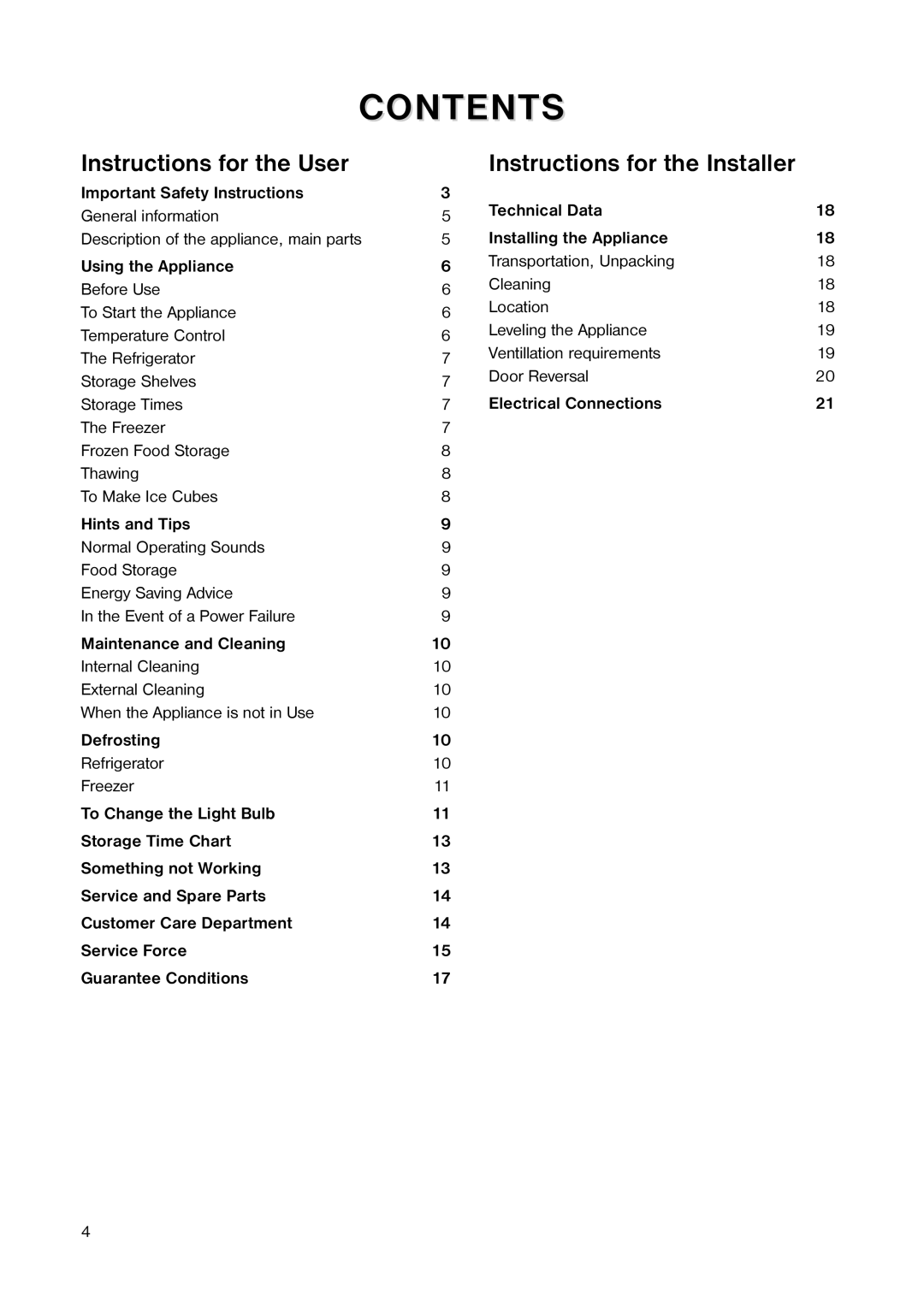 Tricity Bendix TB 100 FF installation instructions Contents 