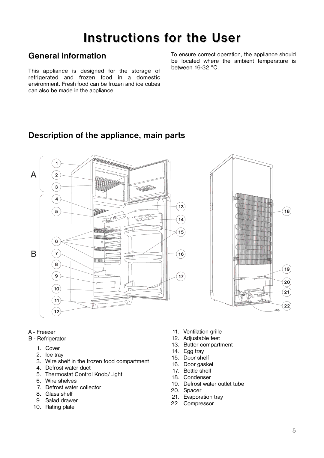 Tricity Bendix TB 100 FF Instructions for the User, General information, Description of the appliance, main parts 