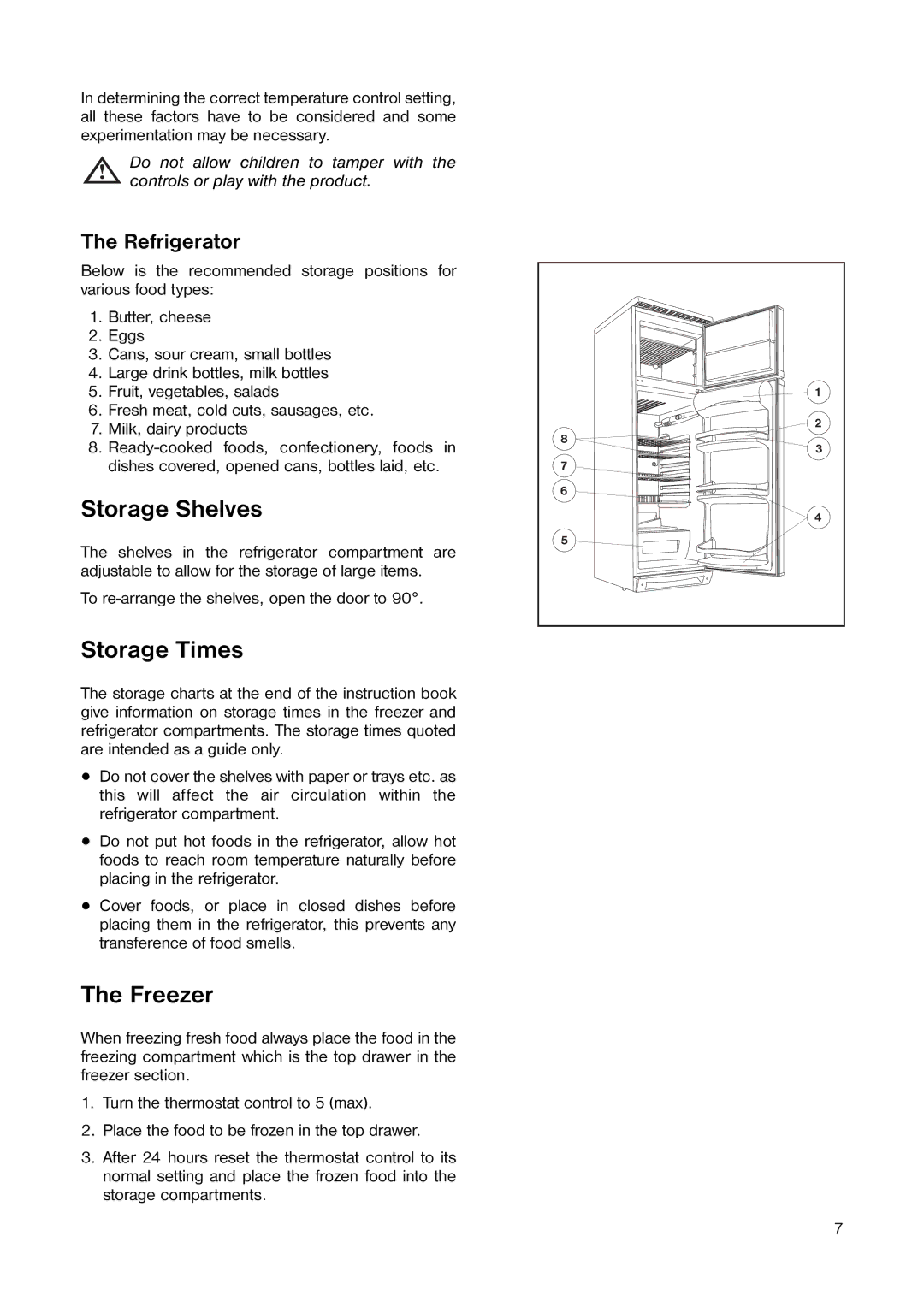 Tricity Bendix TB 100 FF installation instructions Storage Shelves, Storage Times, Freezer, Refrigerator 