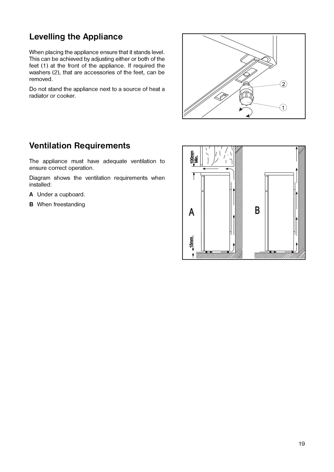 Tricity Bendix TB 100 FF installation instructions Levelling the Appliance, Ventilation Requirements 