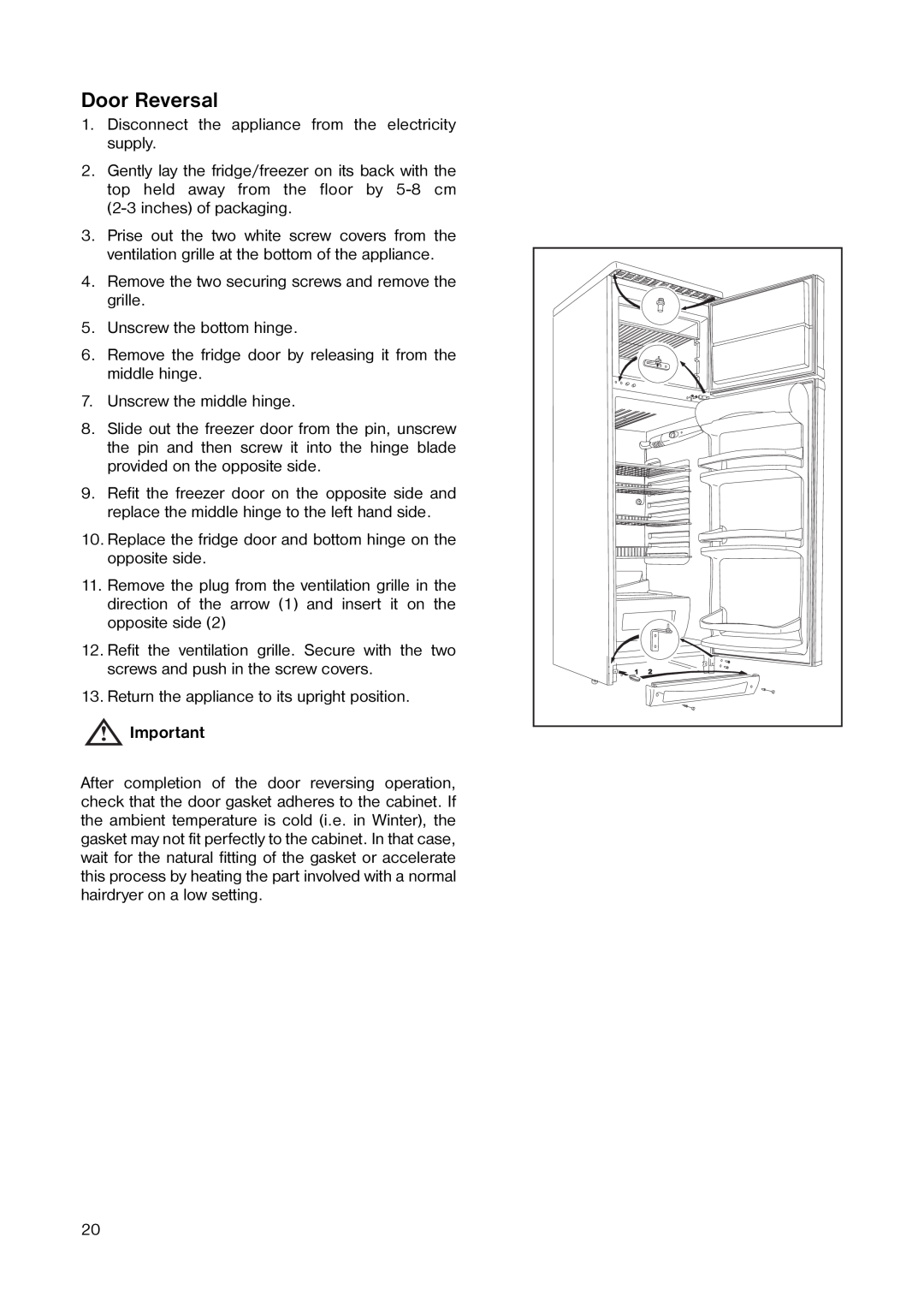 Tricity Bendix TB 100 FF installation instructions Door Reversal 