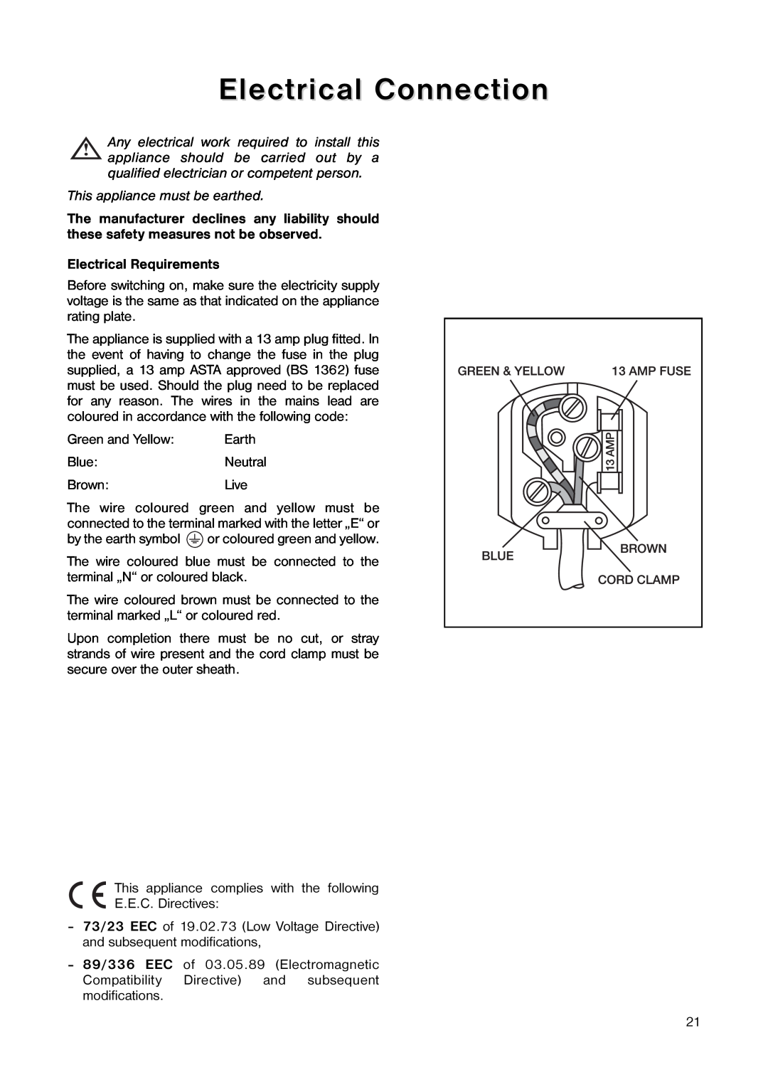 Tricity Bendix TB 100 FF installation instructions Electrical Connection, Electrical Requirements 