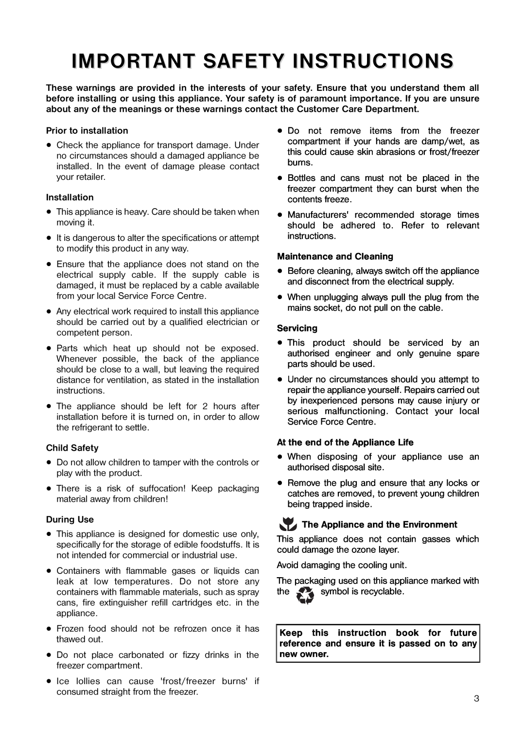 Tricity Bendix TB 100 FF installation instructions Important Safety Instructions 