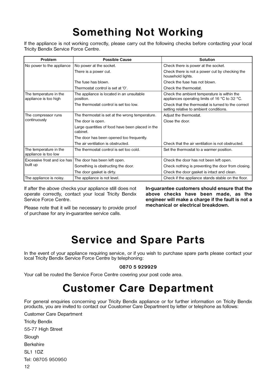 Tricity Bendix TB 110 FF installation instructions Something Not Working, Service and Spare Parts, Customer Care Department 