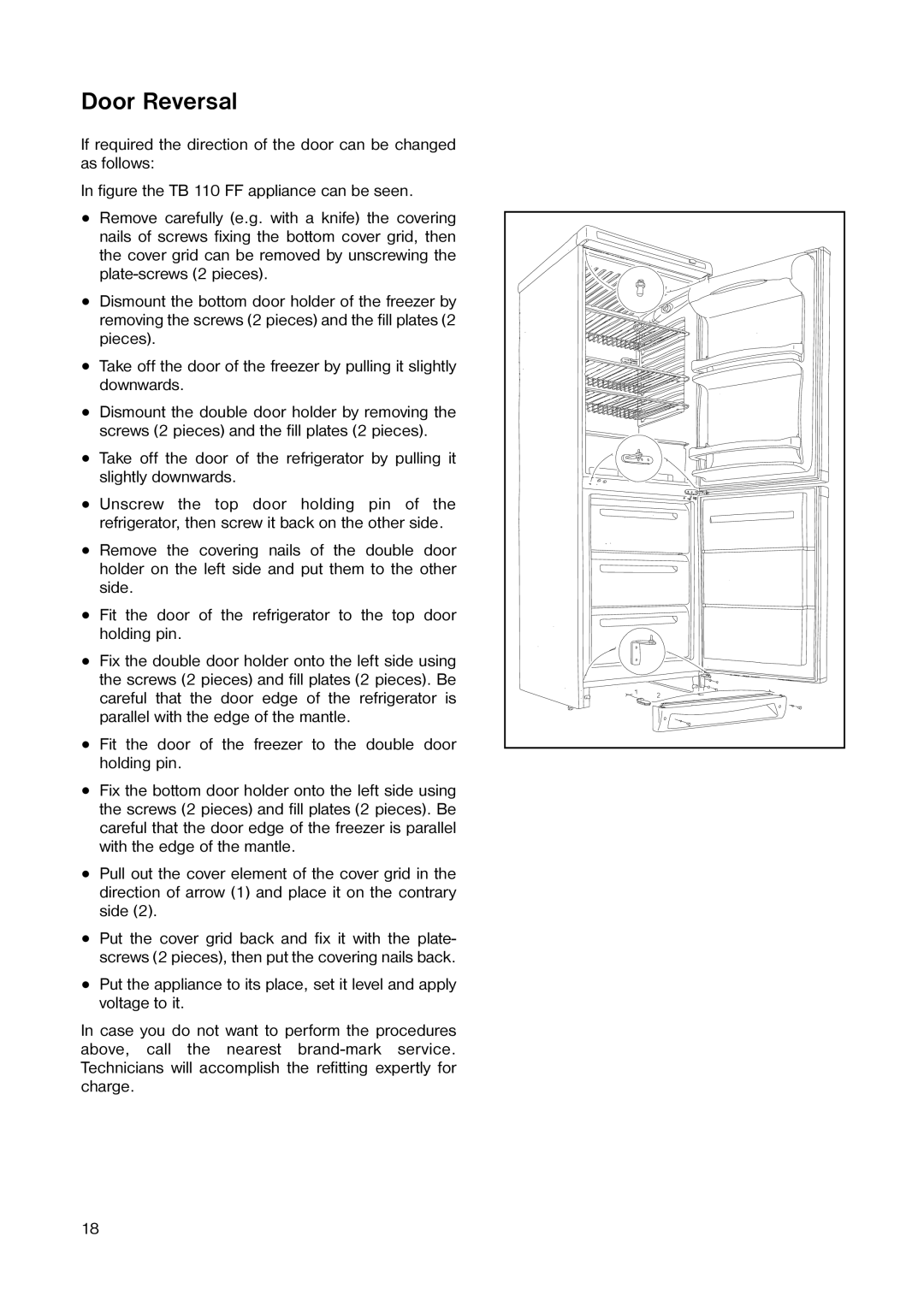 Tricity Bendix TB 110 FF installation instructions Door Reversal 