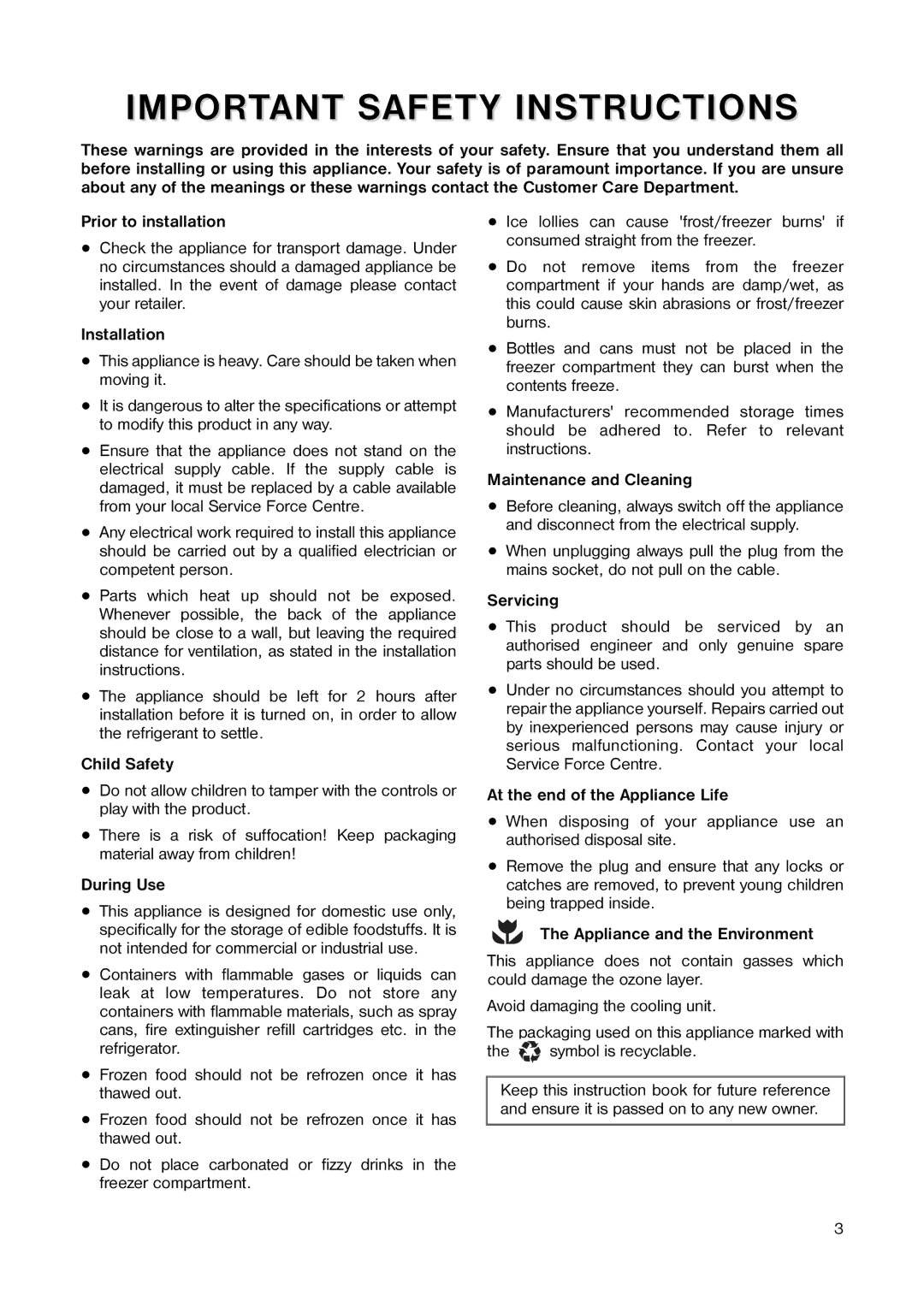 Tricity Bendix TB 110 FF installation instructions Important Safety Instructions 