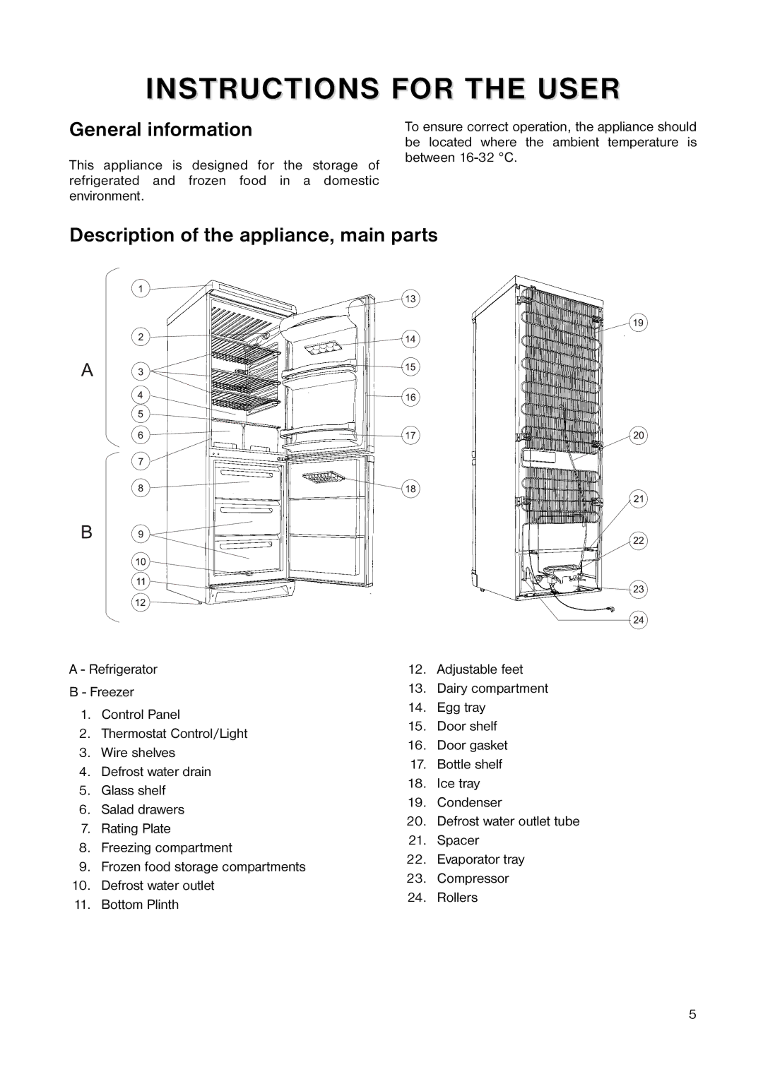 Tricity Bendix TB 110 FF installation instructions General information, Description of the appliance, main parts 