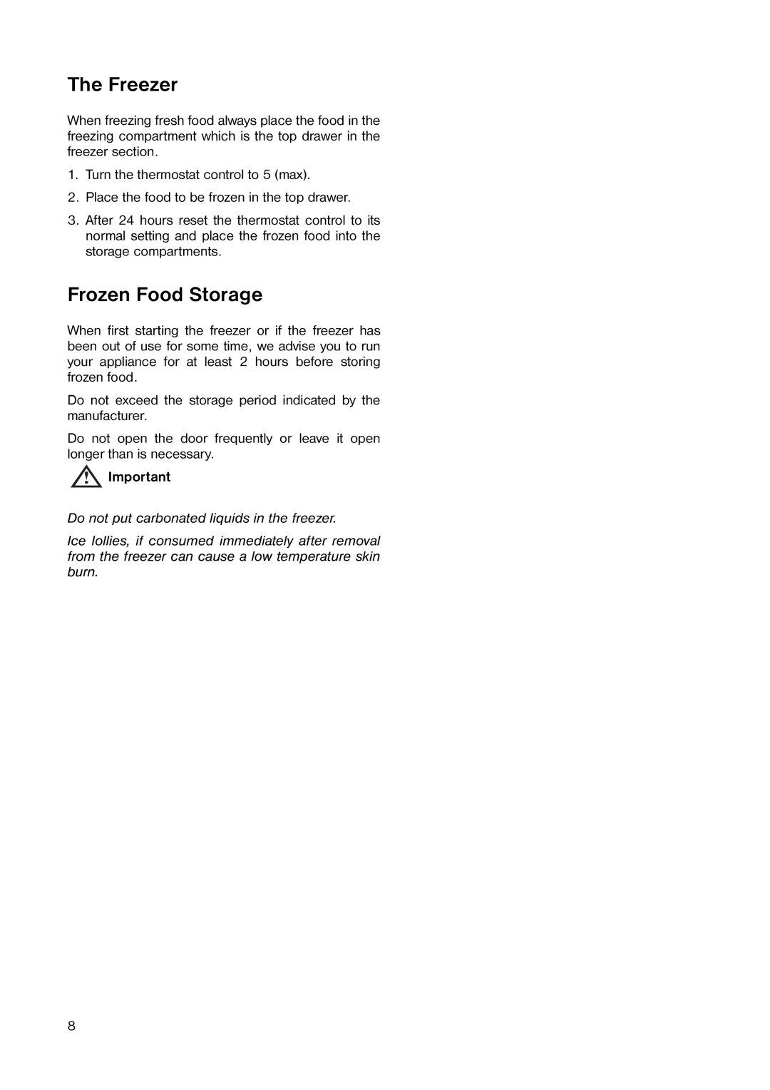 Tricity Bendix TB 110 FF installation instructions Freezer, Frozen Food Storage 