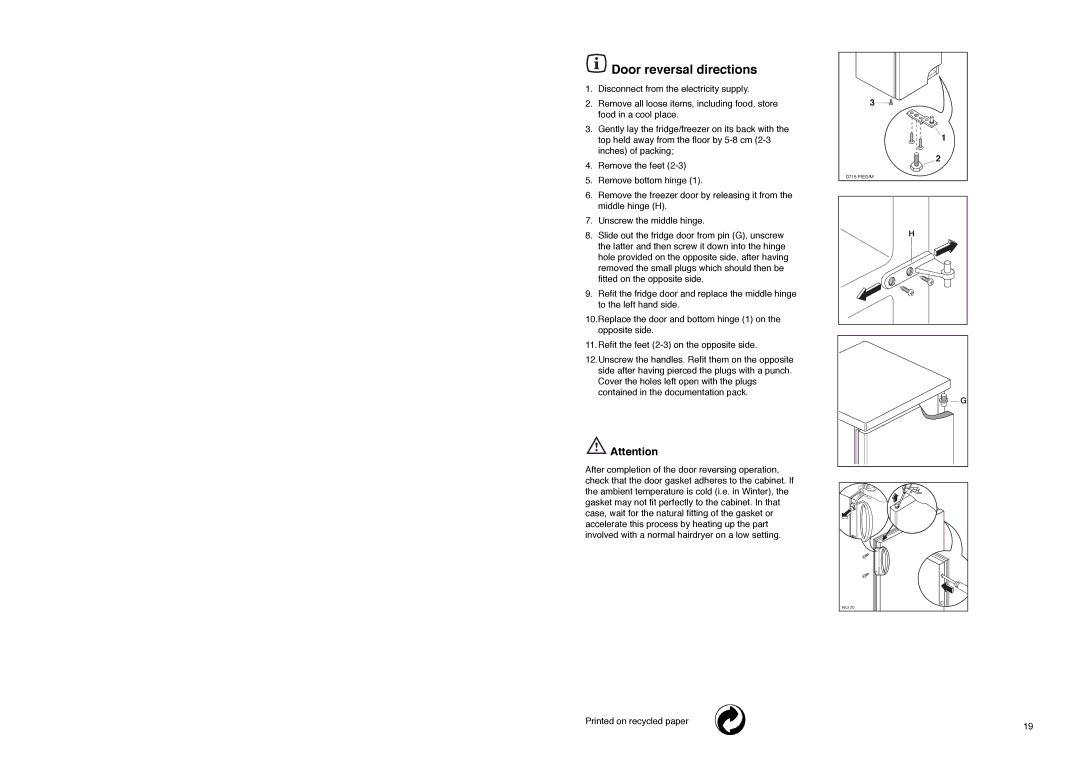 Tricity Bendix TB 112 FF installation instructions Door reversal directions 