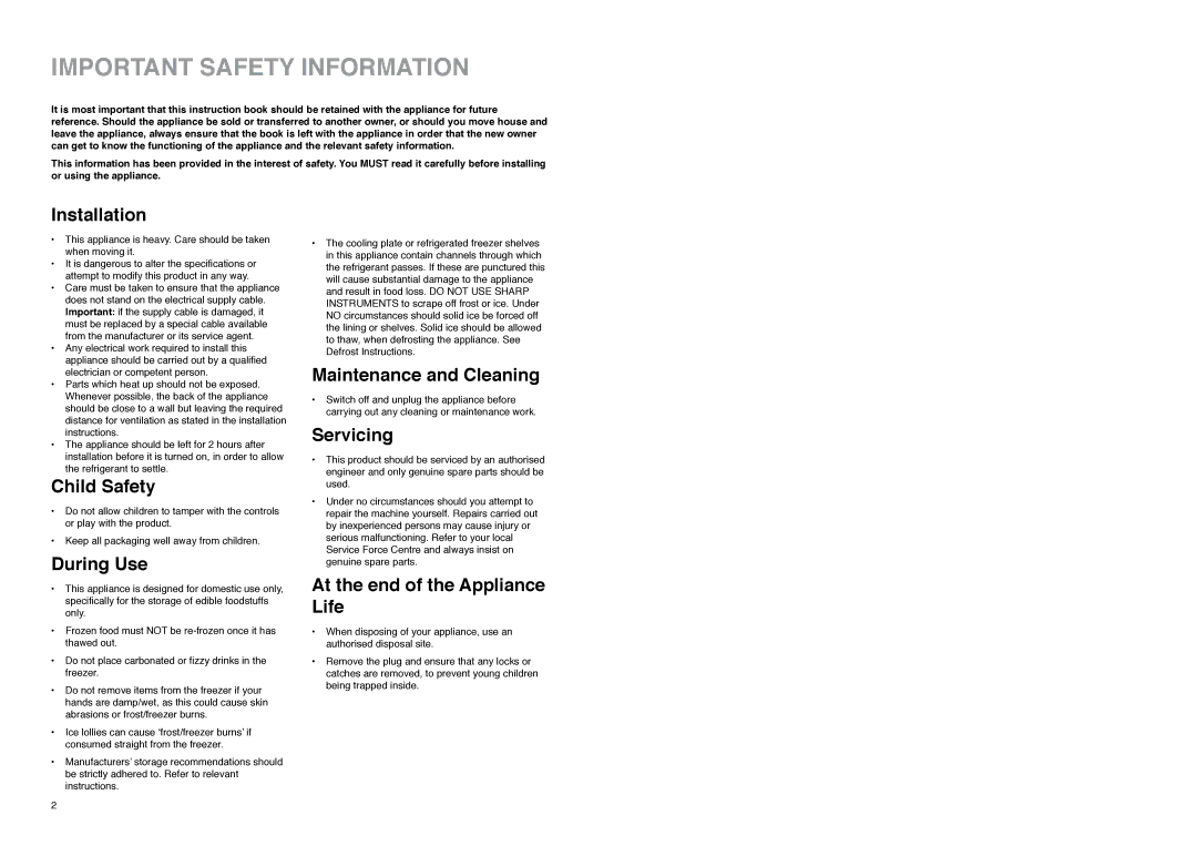 Tricity Bendix TB 112 FF installation instructions Important Safety Information, Installation 