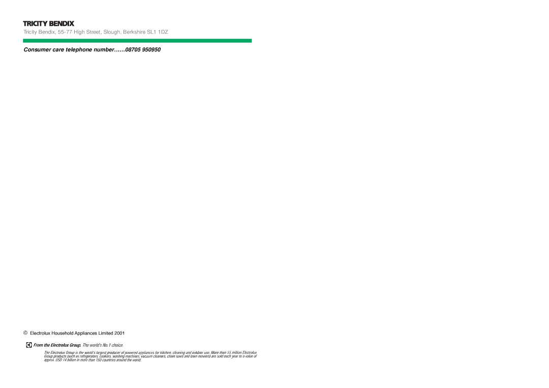 Tricity Bendix TB 112 FF installation instructions Consumer care telephone number……08705 