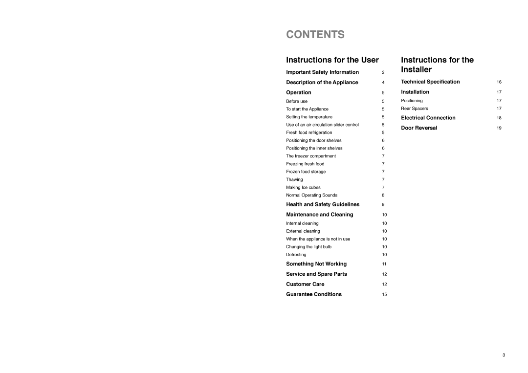 Tricity Bendix TB 112 FF installation instructions Contents 