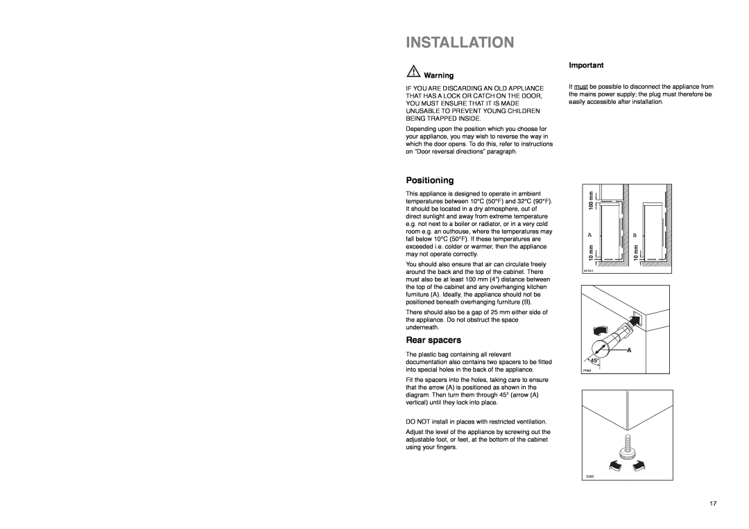 Tricity Bendix TB 112 FF installation instructions Installation, Positioning, Rear spacers 