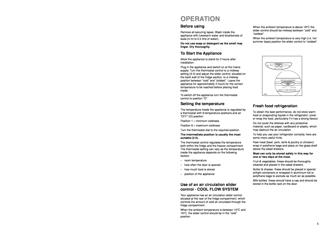Tricity Bendix TB 112 FF installation instructions Operation, Before using, To Start the Appliance, Setting the temperature 