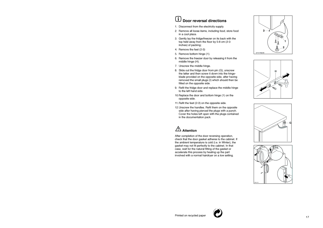 Tricity Bendix TB 114 FF installation instructions Door reversal directions 