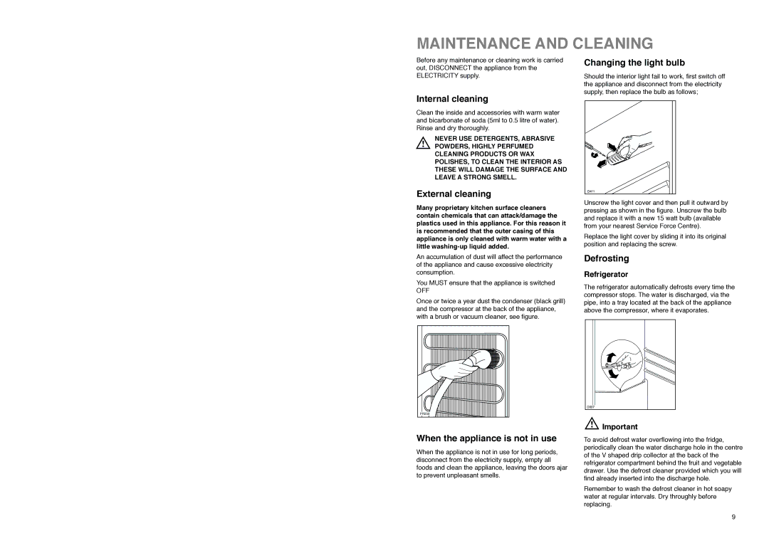 Tricity Bendix TB 114 FF installation instructions Maintenance and Cleaning, External cleaning, Defrosting, Refrigerator 