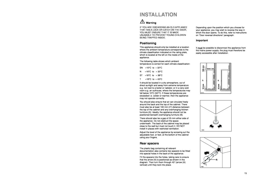 Tricity Bendix TB 114 FF installation instructions Installation, Positioning, Rear spacers 