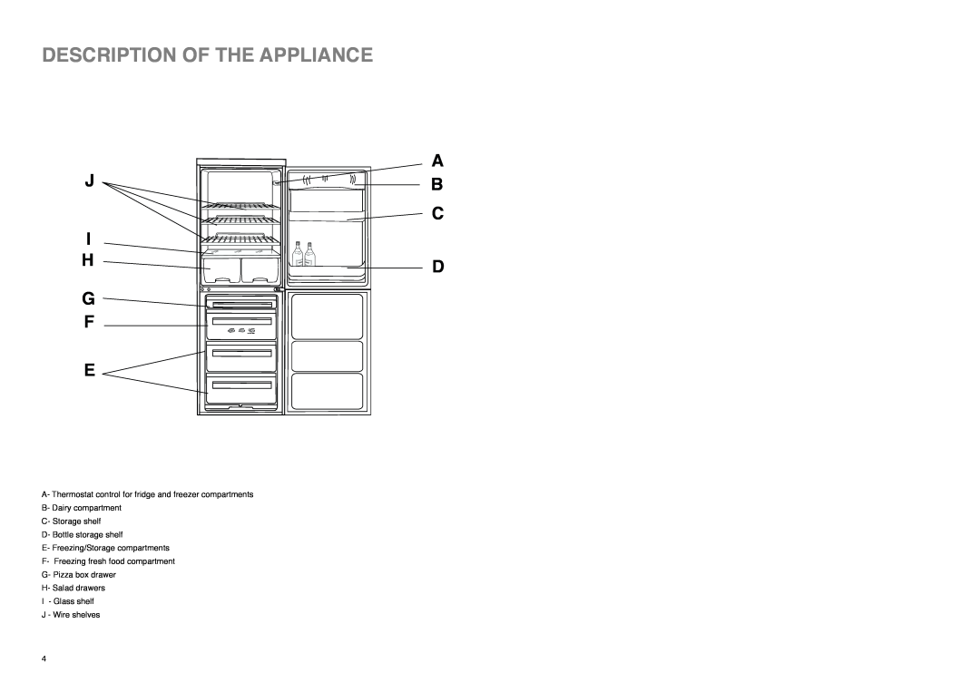 Tricity Bendix TB 114 FF installation instructions Description Of The Appliance, J I H G F E, A B C D 