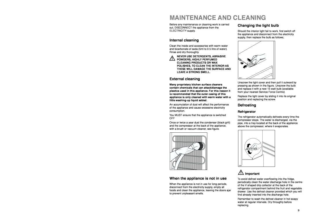 Tricity Bendix TB 114 FF Maintenance And Cleaning, Internal cleaning, External cleaning, When the appliance is not in use 