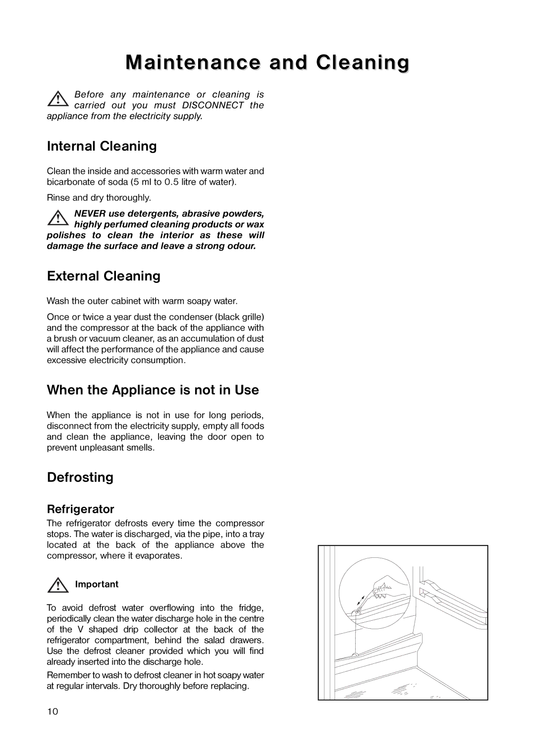 Tricity Bendix TB 117 FF Maintenance and Cleaning, Internal Cleaning, External Cleaning, When the Appliance is not in Use 