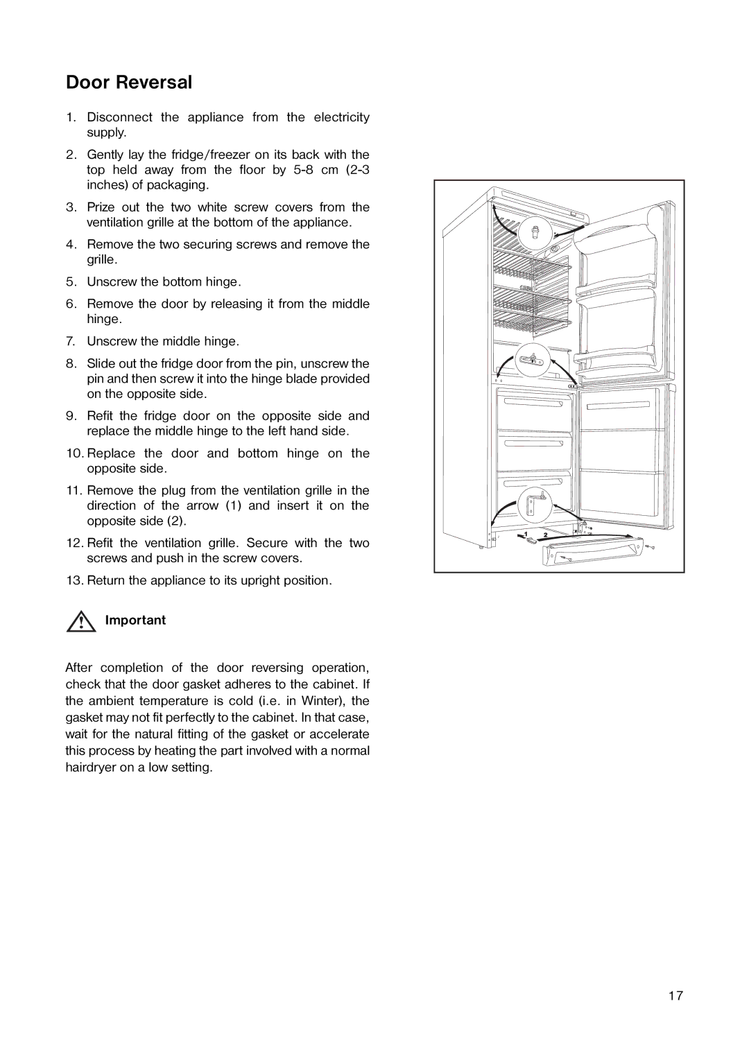 Tricity Bendix TB 117 FF installation instructions Door Reversal 