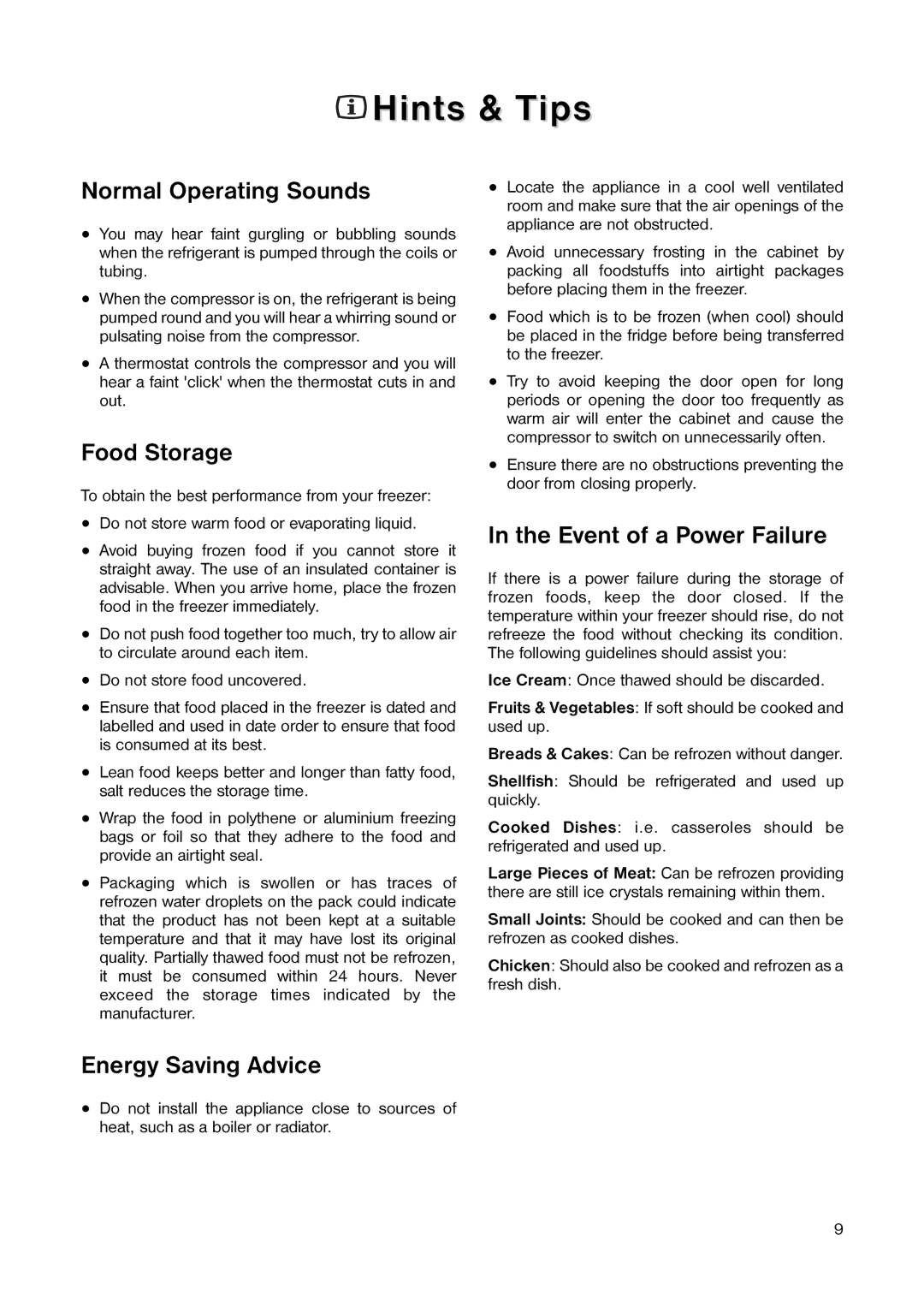 Tricity Bendix TB 117 FF Hints & Tips, Normal Operating Sounds, Food Storage, Energy Saving Advice 