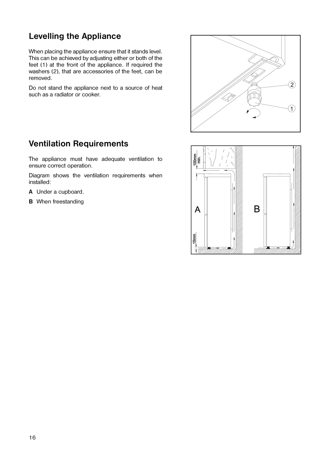 Tricity Bendix TB 117 FF installation instructions Levelling the Appliance, Ventilation Requirements 