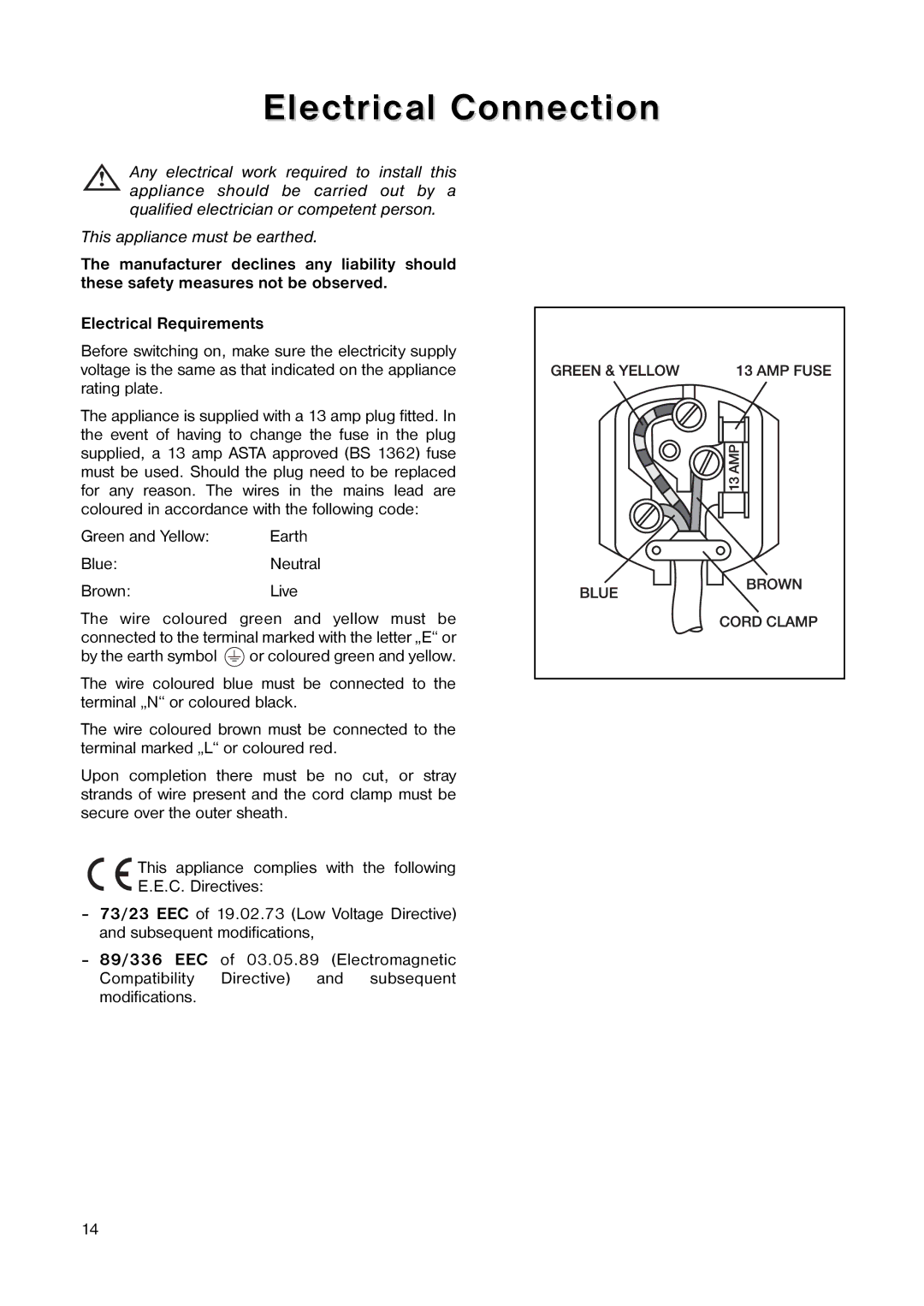 Tricity Bendix TB 17 TF installation instructions Electrical Connection, Brown Live 