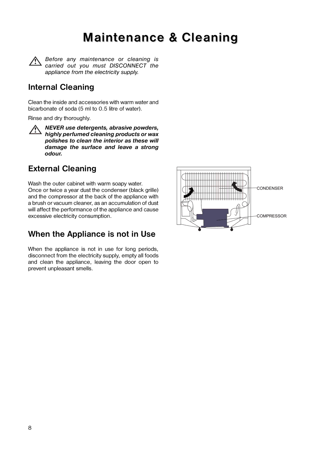 Tricity Bendix TB 17 TF Maintenance & Cleaning, Internal Cleaning, External Cleaning, When the Appliance is not in Use 