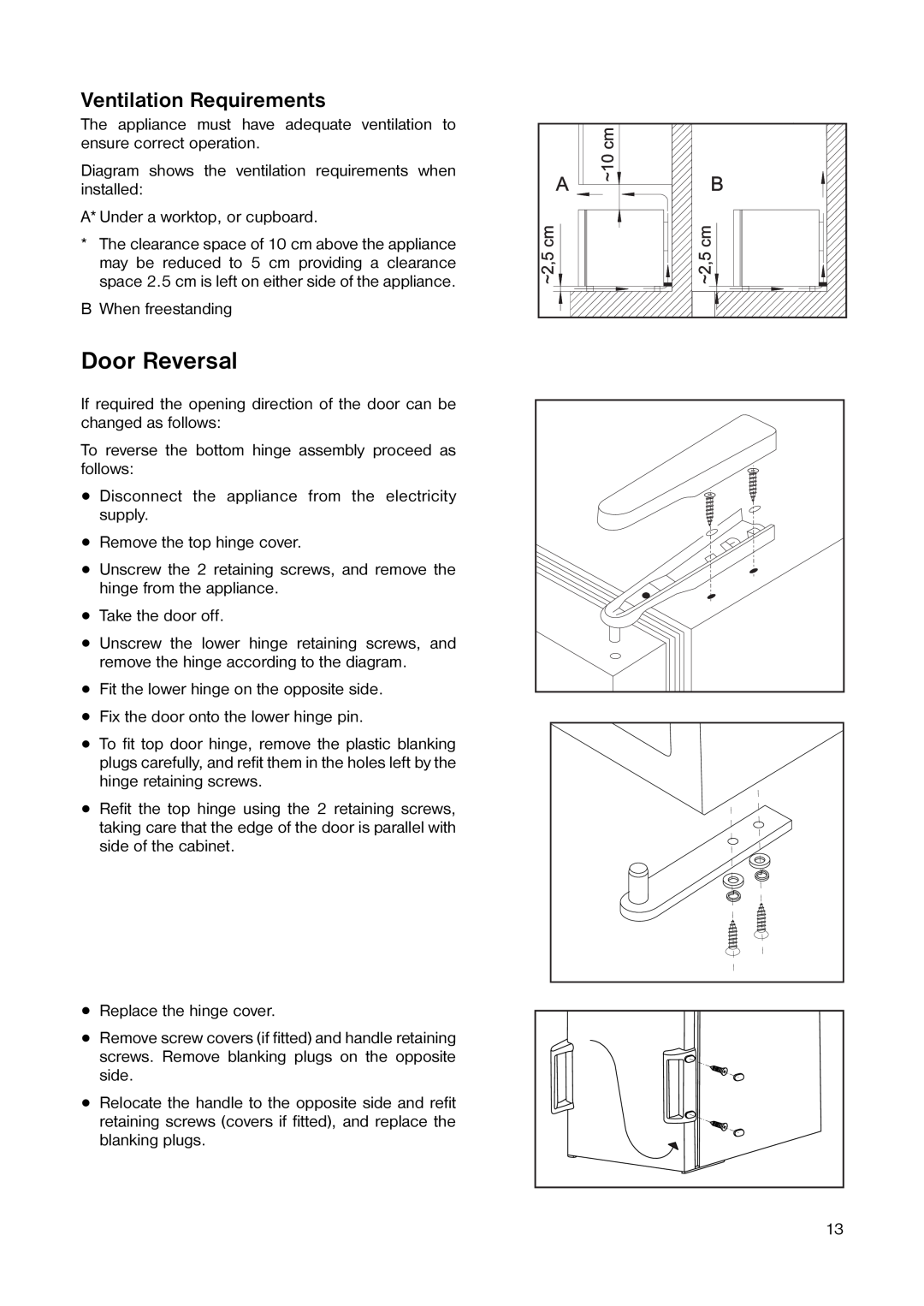 Tricity Bendix TB 17 TF installation instructions Door Reversal, Ventilation Requirements 