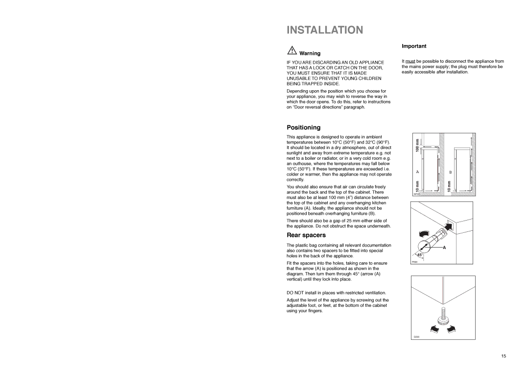 Tricity Bendix TB 180 TF installation instructions Installation, Positioning, Rear spacers 