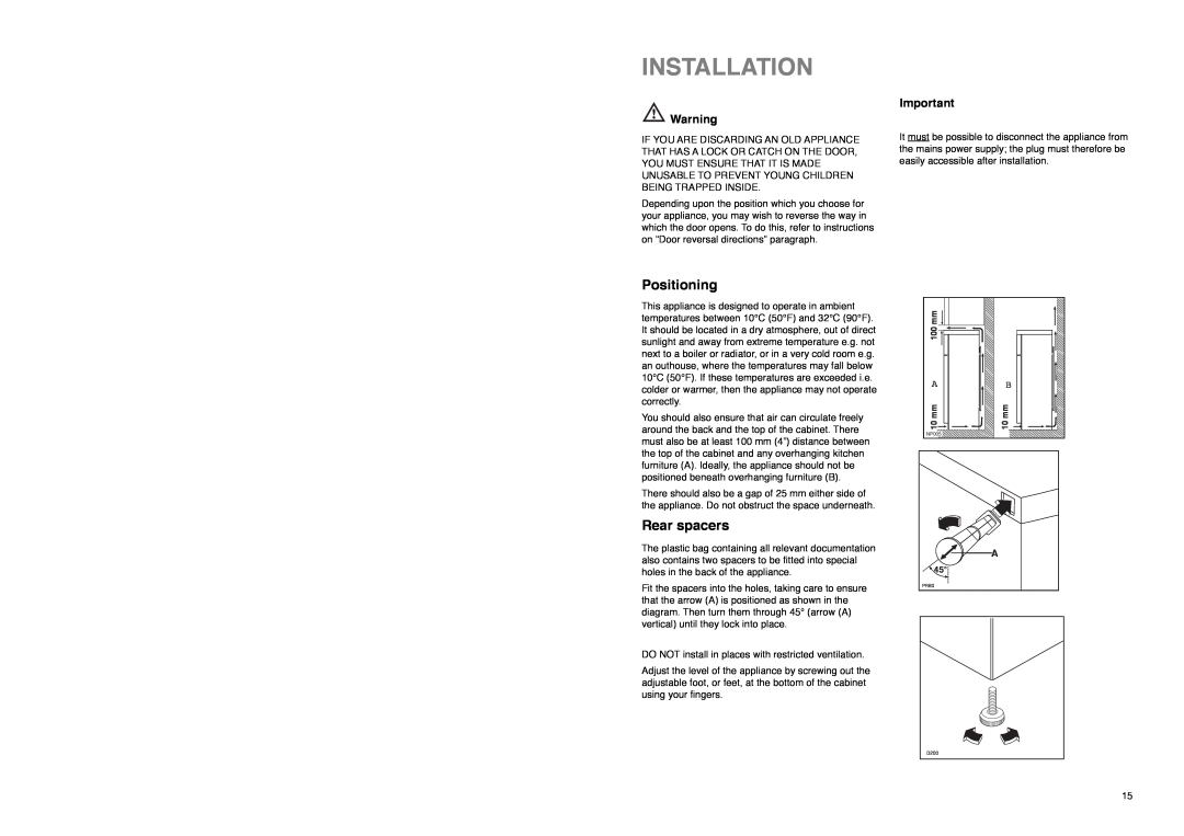 Tricity Bendix TB 180 TF installation instructions Installation, Positioning, Rear spacers 