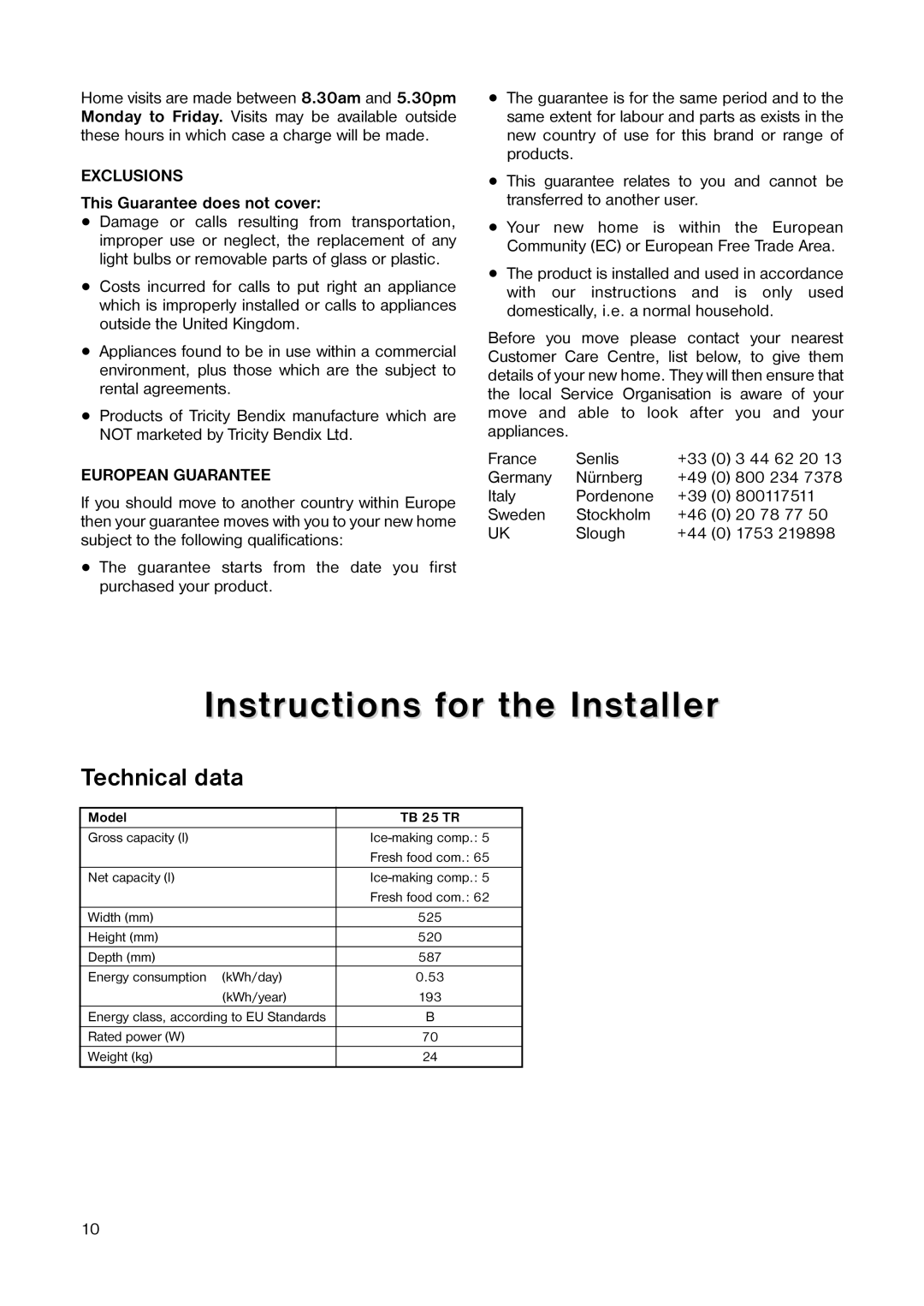 Tricity Bendix TB 25 TR Instructions for the Installer, Technical data, This Guarantee does not cover 