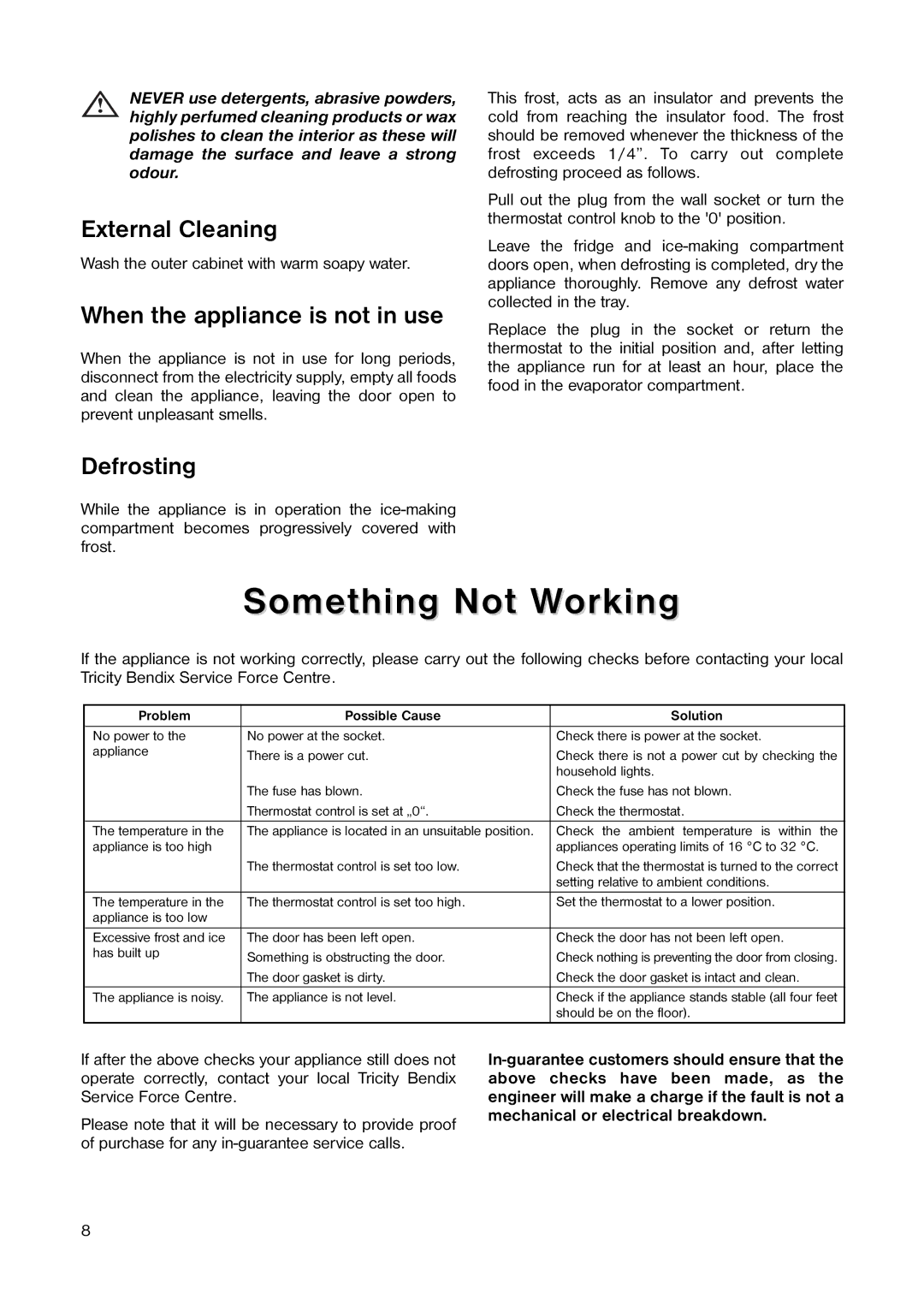 Tricity Bendix TB 25 TR Something Not Working, External Cleaning, When the appliance is not in use, Defrosting 