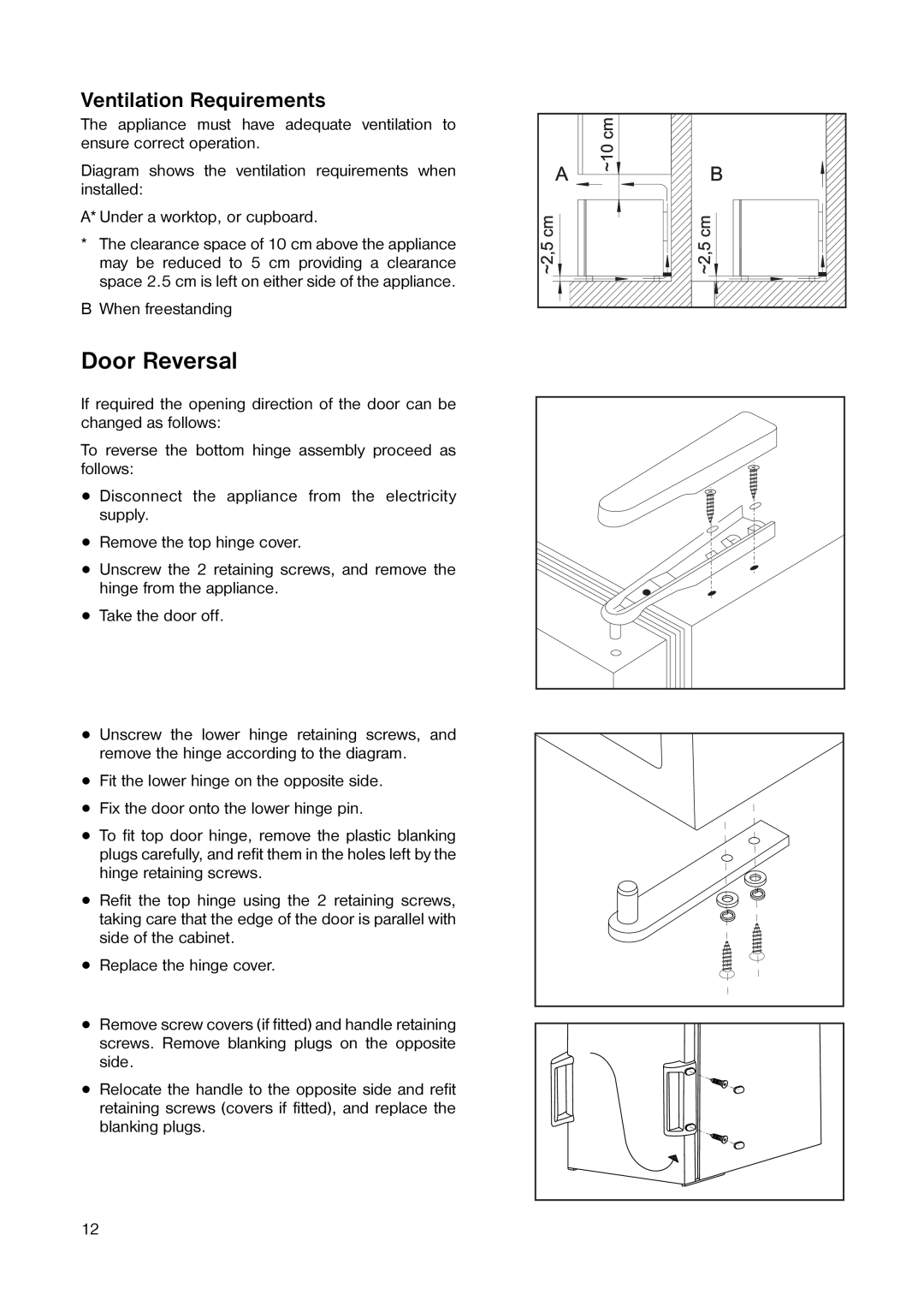 Tricity Bendix TB 25 TR installation instructions Door Reversal, Ventilation Requirements 
