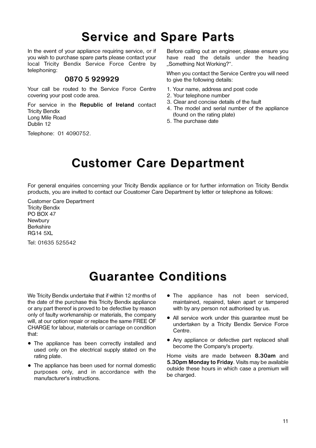 Tricity Bendix TB 42 UF Service and Spare Parts, Customer Care Department, Guarantee Conditions, 0870 5 