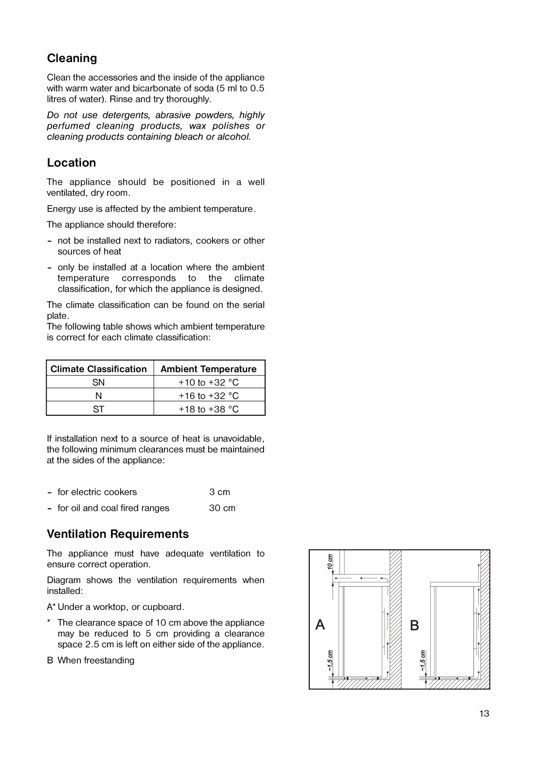 Tricity Bendix TB 42 UF Cleaning, Location, Ventilation Requirements, Climate Classification Ambient Temperature 