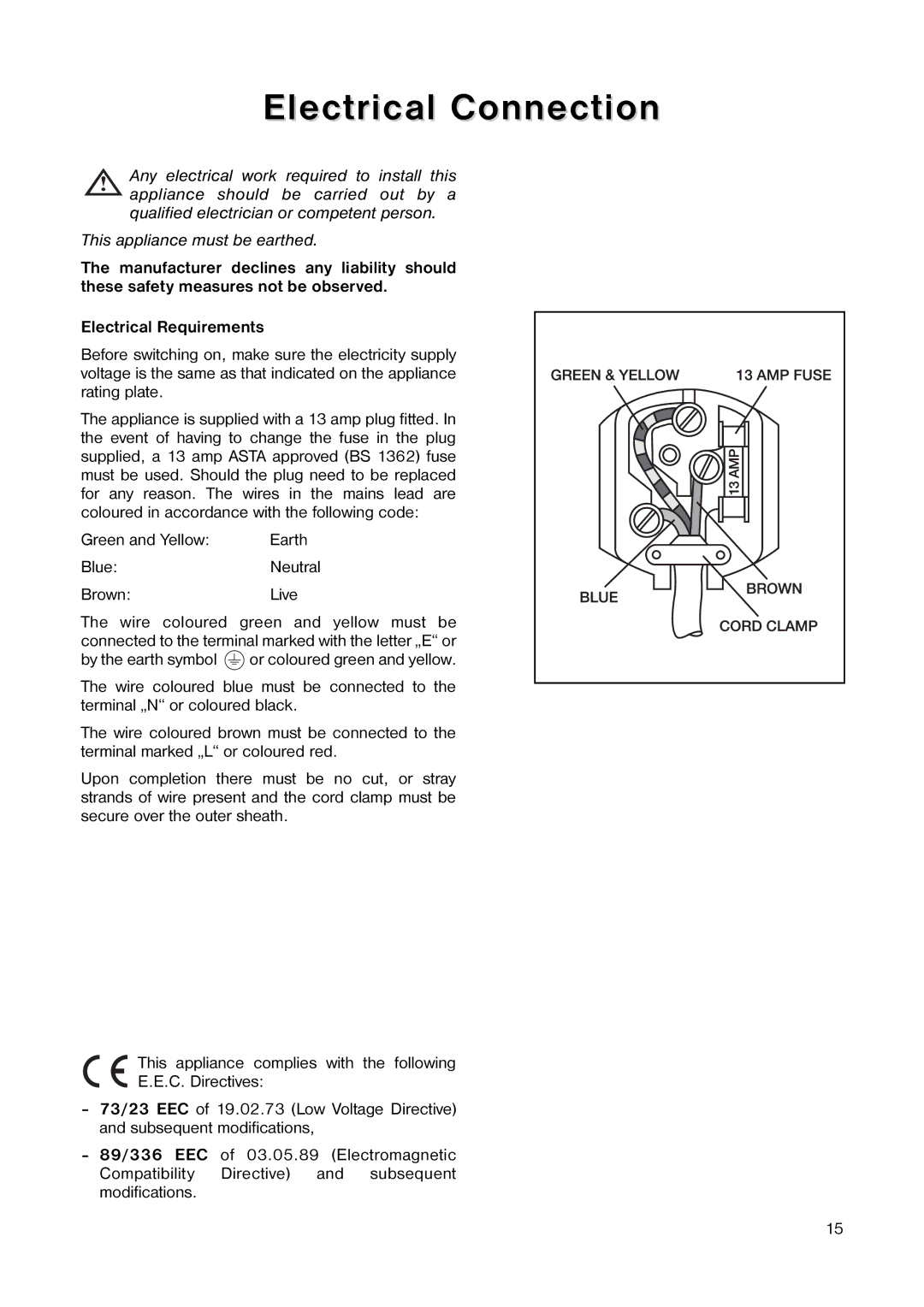 Tricity Bendix TB 42 UF installation instructions Electrical Connection, Green and Yellow Earth Blue, Brown Live 