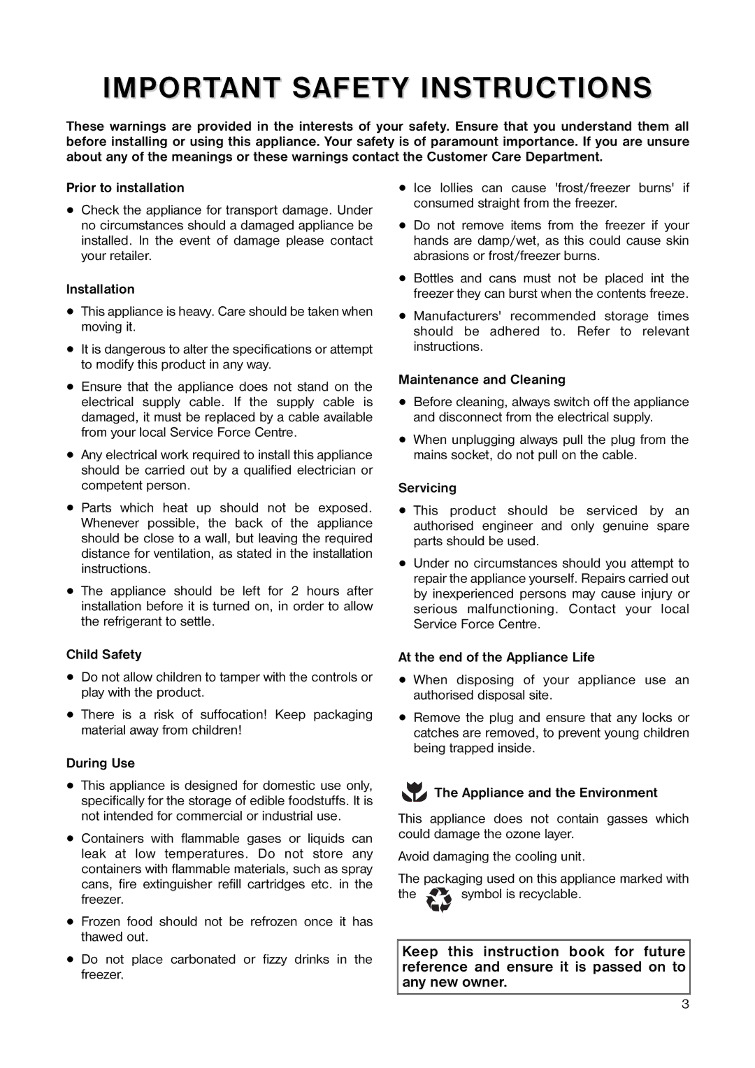 Tricity Bendix TB 42 UF installation instructions Important Safety Instructions 