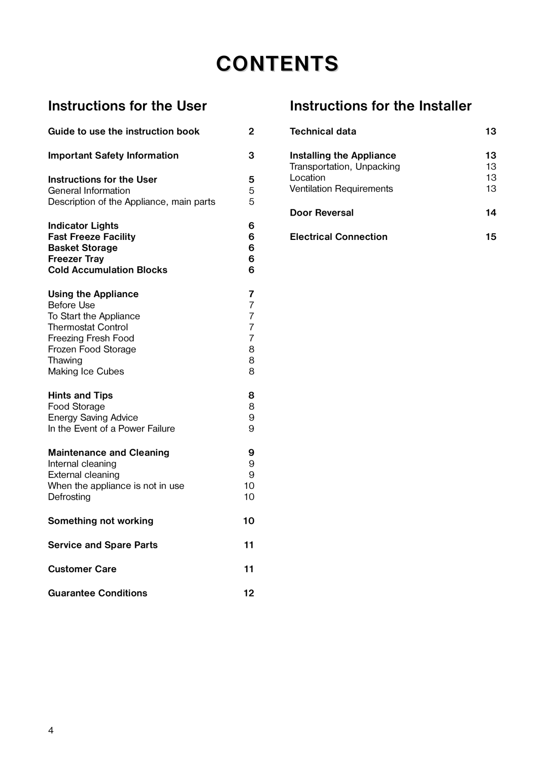 Tricity Bendix TB 42 UF installation instructions Contents 