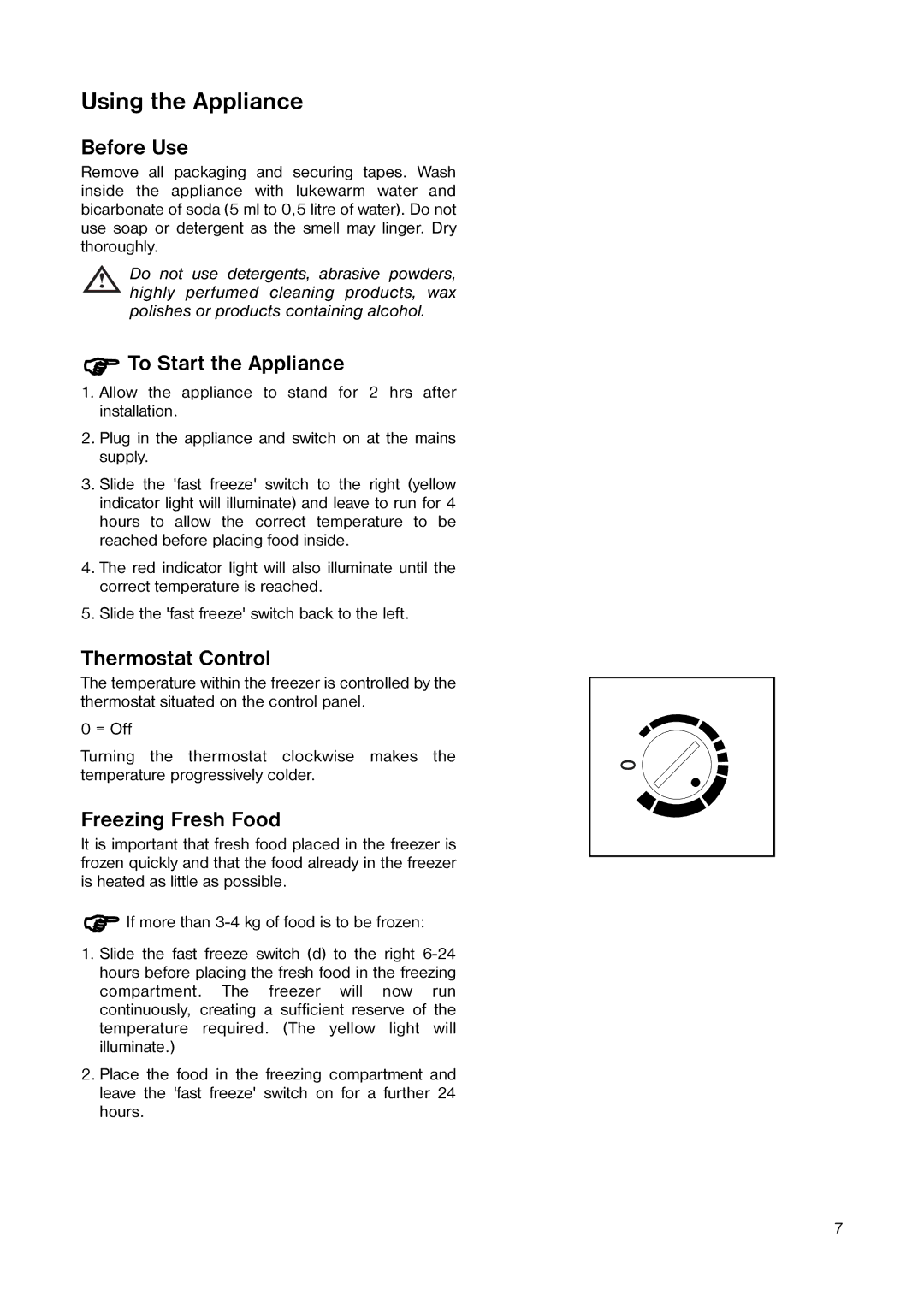 Tricity Bendix TB 42 UF Using the Appliance, Before Use, To Start the Appliance, Thermostat Control, Freezing Fresh Food 