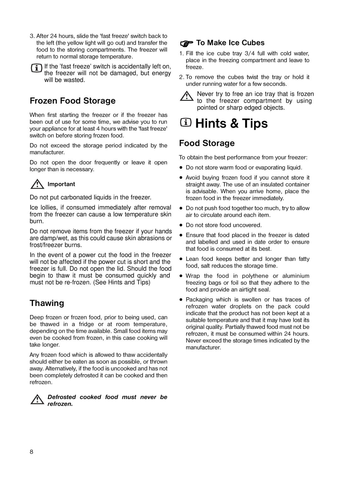 Tricity Bendix TB 42 UF installation instructions Hints & Tips, Frozen Food Storage, Thawing, To Make Ice Cubes 