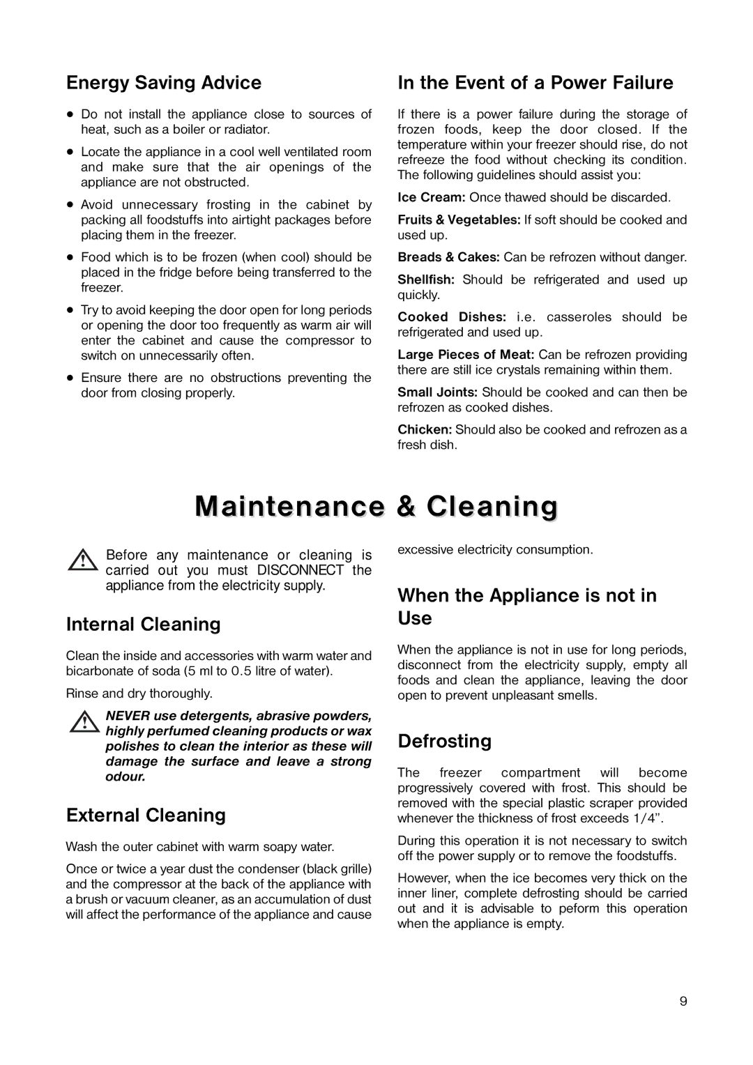 Tricity Bendix TB 42 UF installation instructions Maintenance & Cleaning 