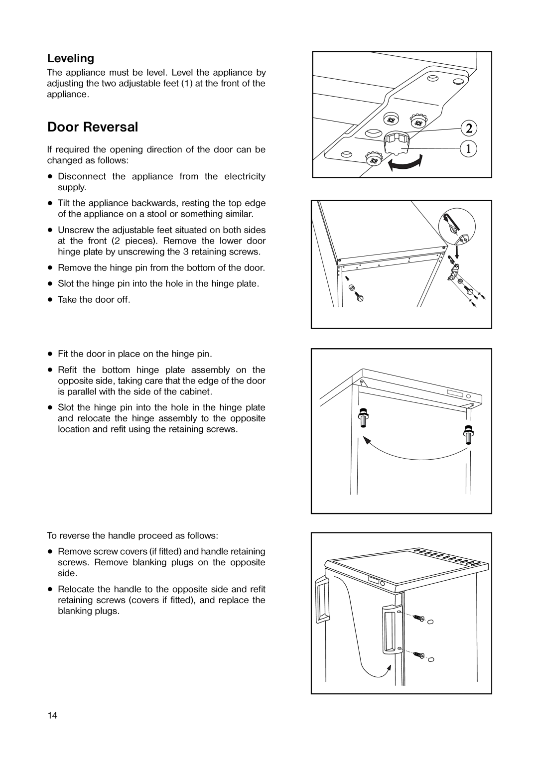 Tricity Bendix TB 42 UF installation instructions Door Reversal, Leveling 