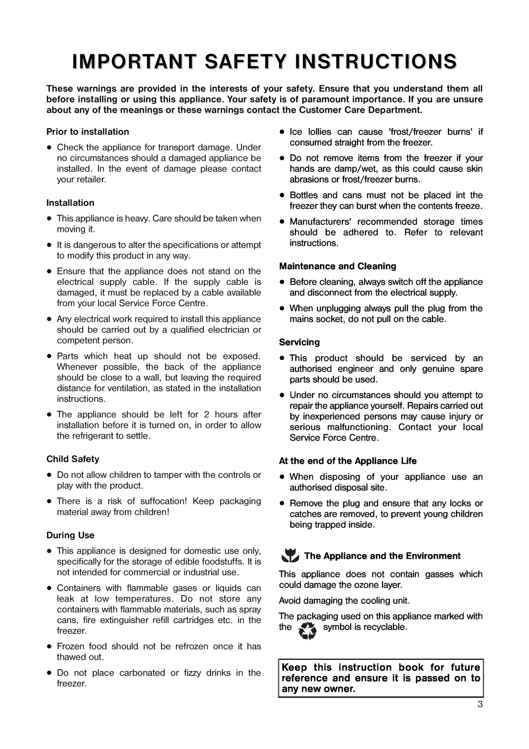 Tricity Bendix TB 42 UF Important Safety Instructions, Prior to installation, Installation, Child Safety, Servicing 